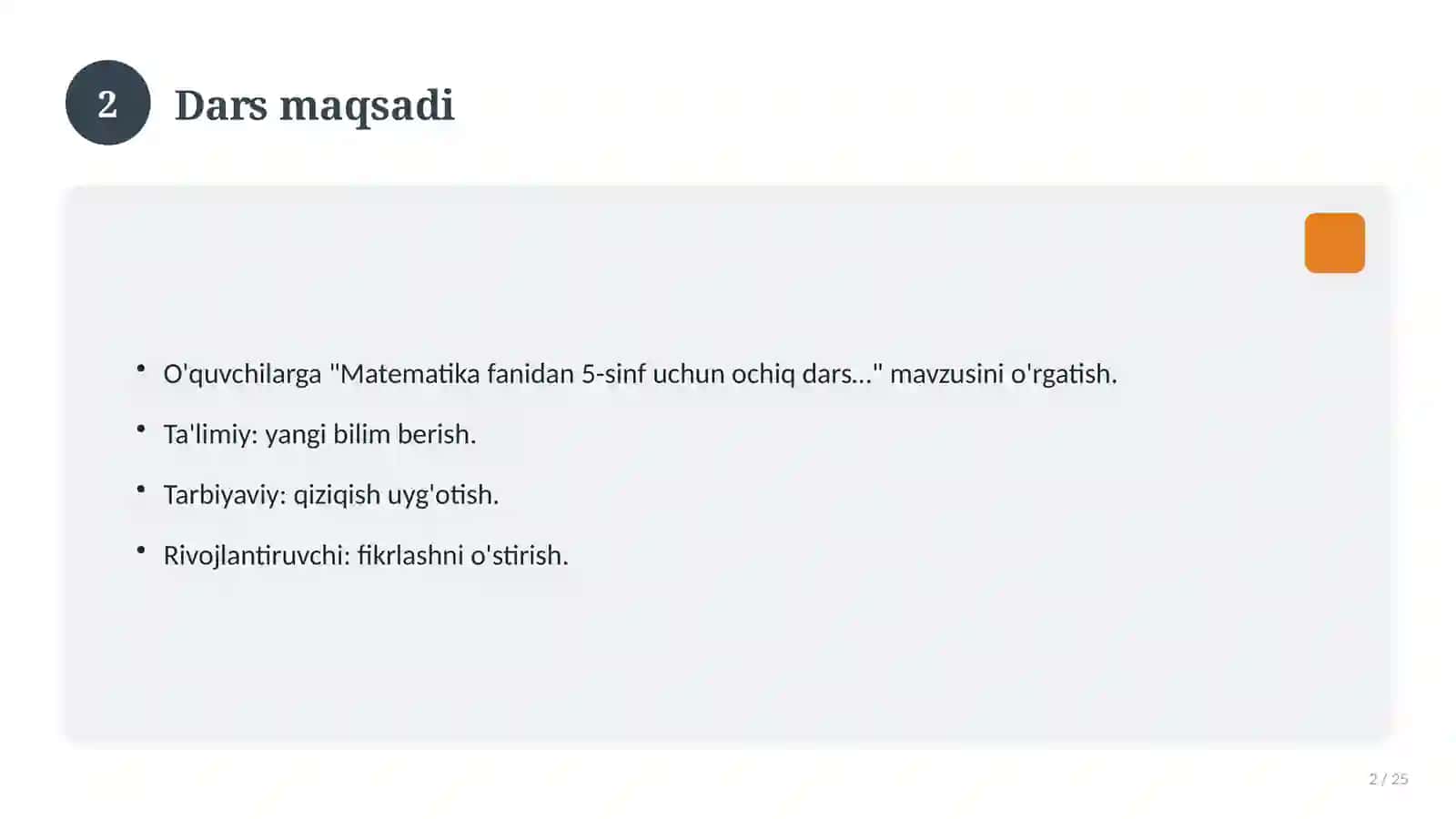 Matematika fanidan 5-sinf uchun ochiq dars ishlanmasi 2
