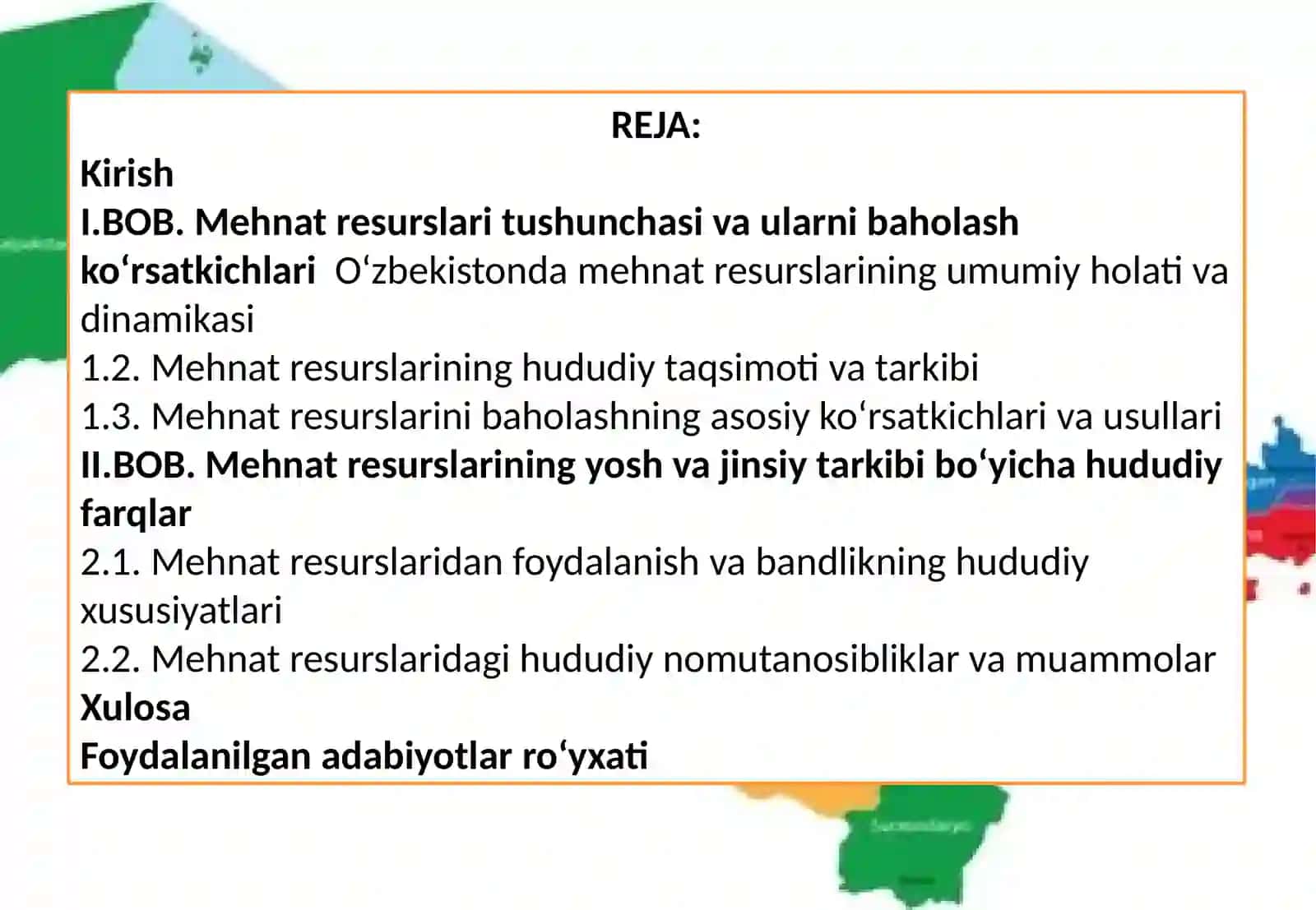 O‘zbekistonda Mehnat resurslari va ularnni hududiy tarkibi 2