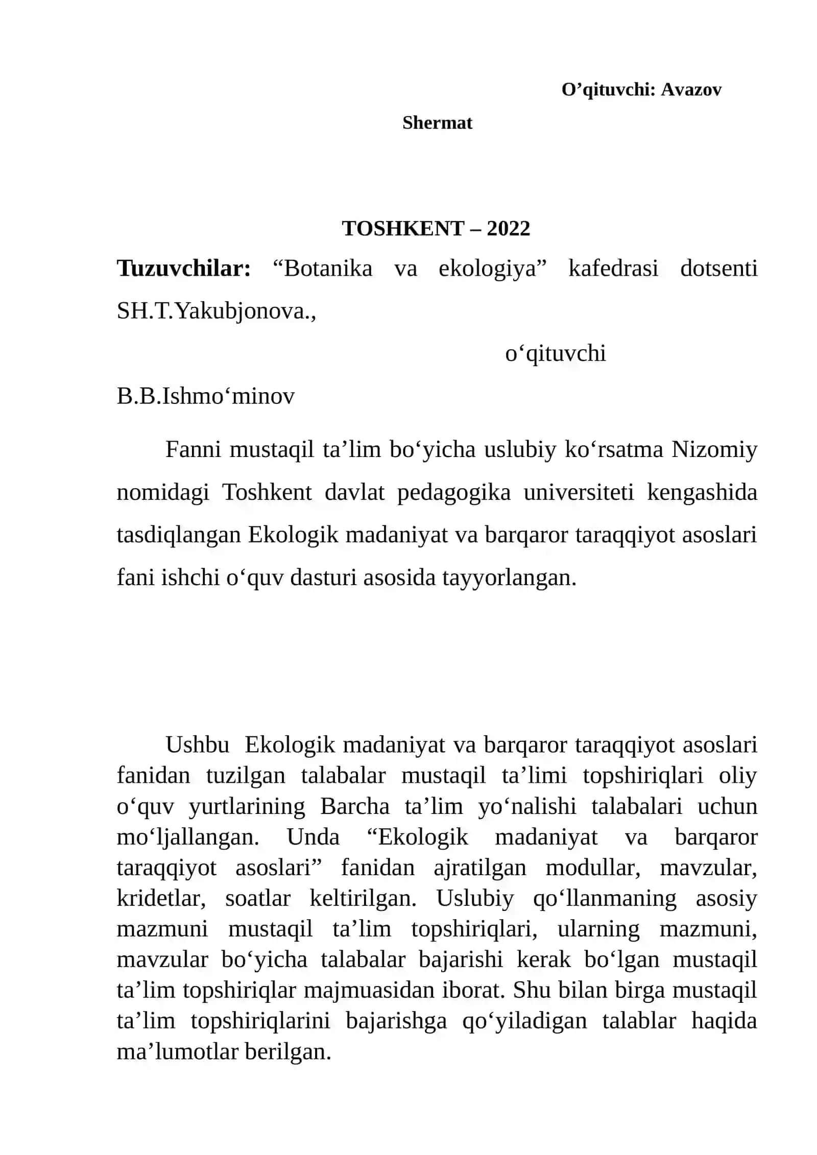 Ekologik madaniyat va barqaror taraqqiyot asoslari 2