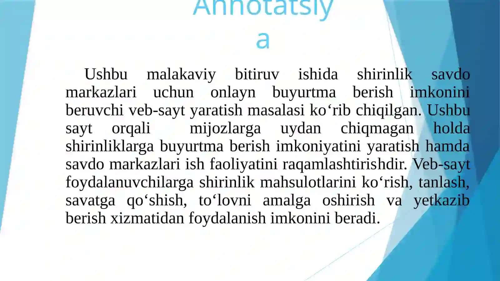 Shirinlik savdo markazlari uchun online buyurtma berish uchun web sayt yaratish 2