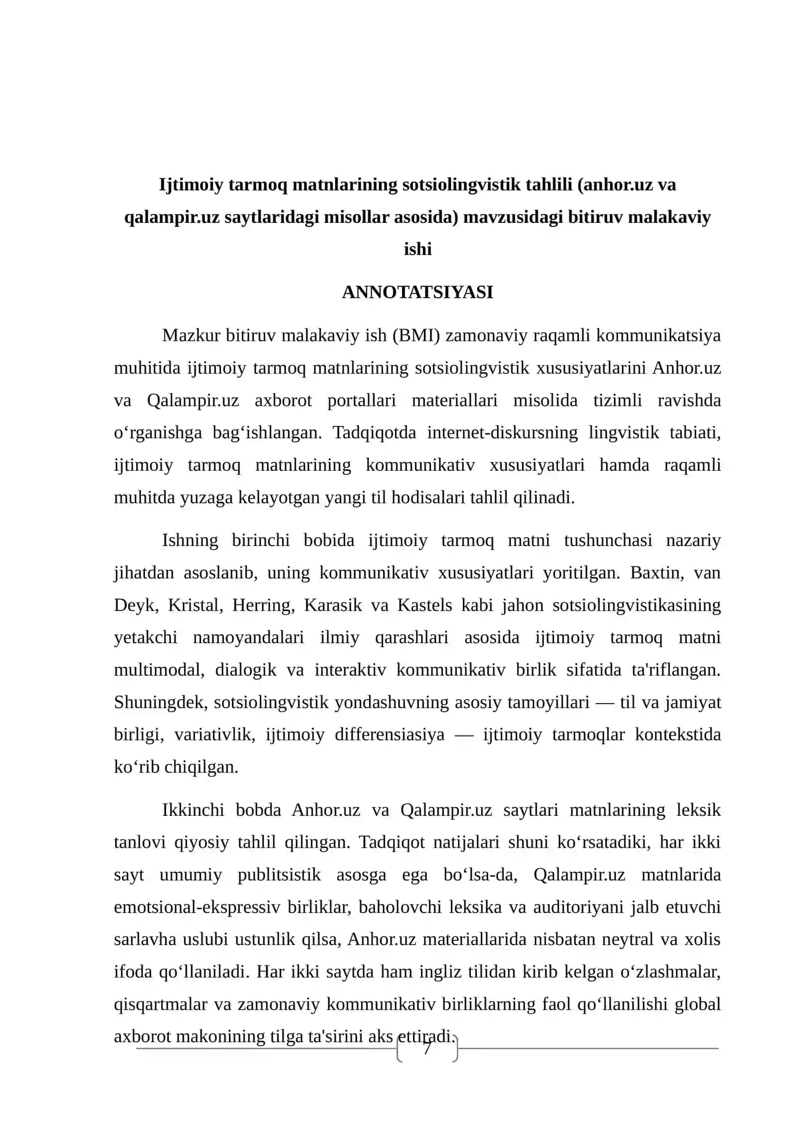 '' Ijtimoiy tamoq matnlari Qalampir uz , Anhor uz saytlari tahlili ,, Diplom ishi 2