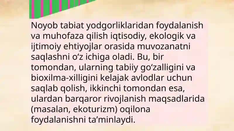 Noyob tabiat yodgorliklaridan foydalanish va muhofaza etish 2
