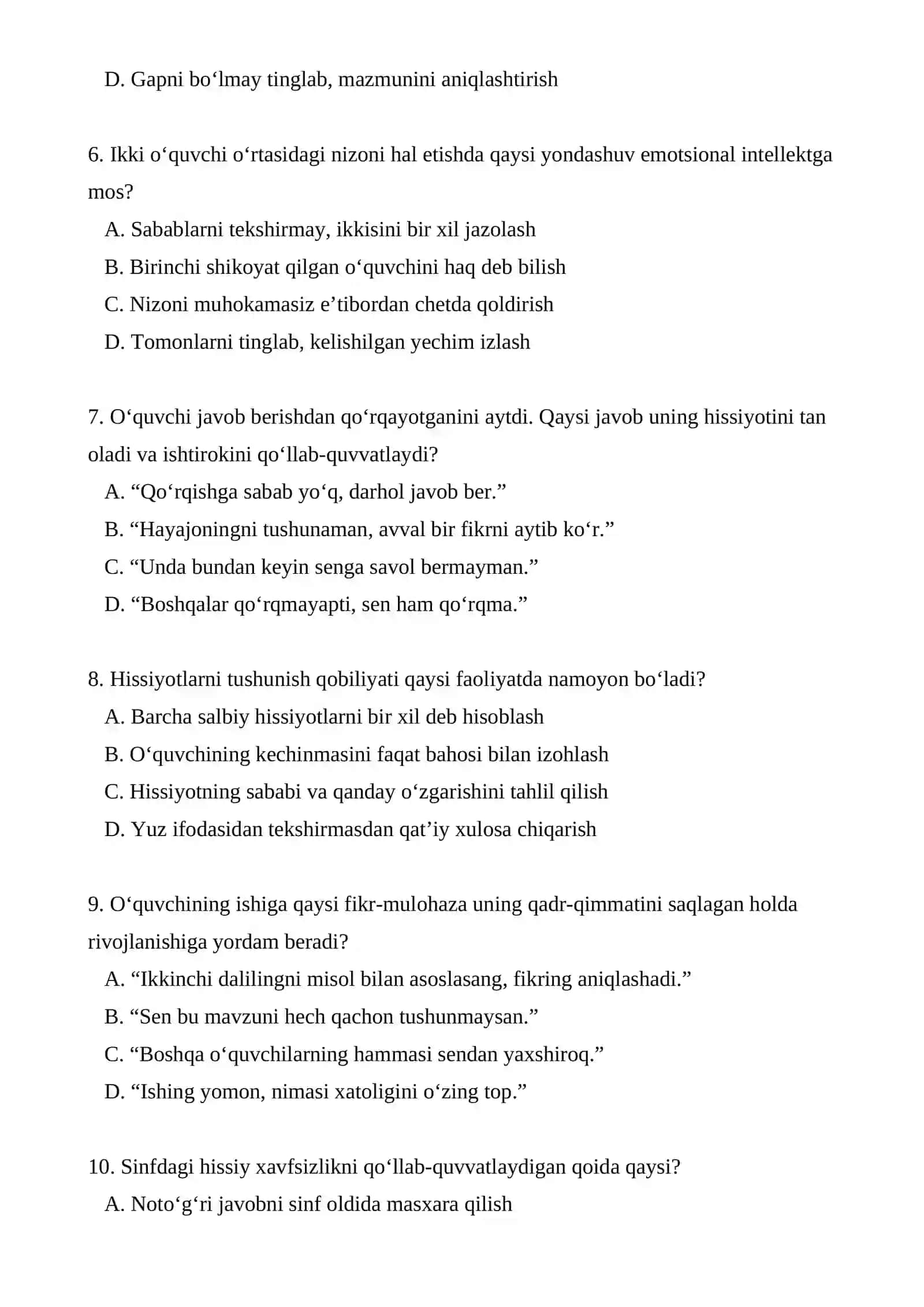 Pedagogik faoliyatda emotsional intellekt va uning ahamiyati TEST. 2