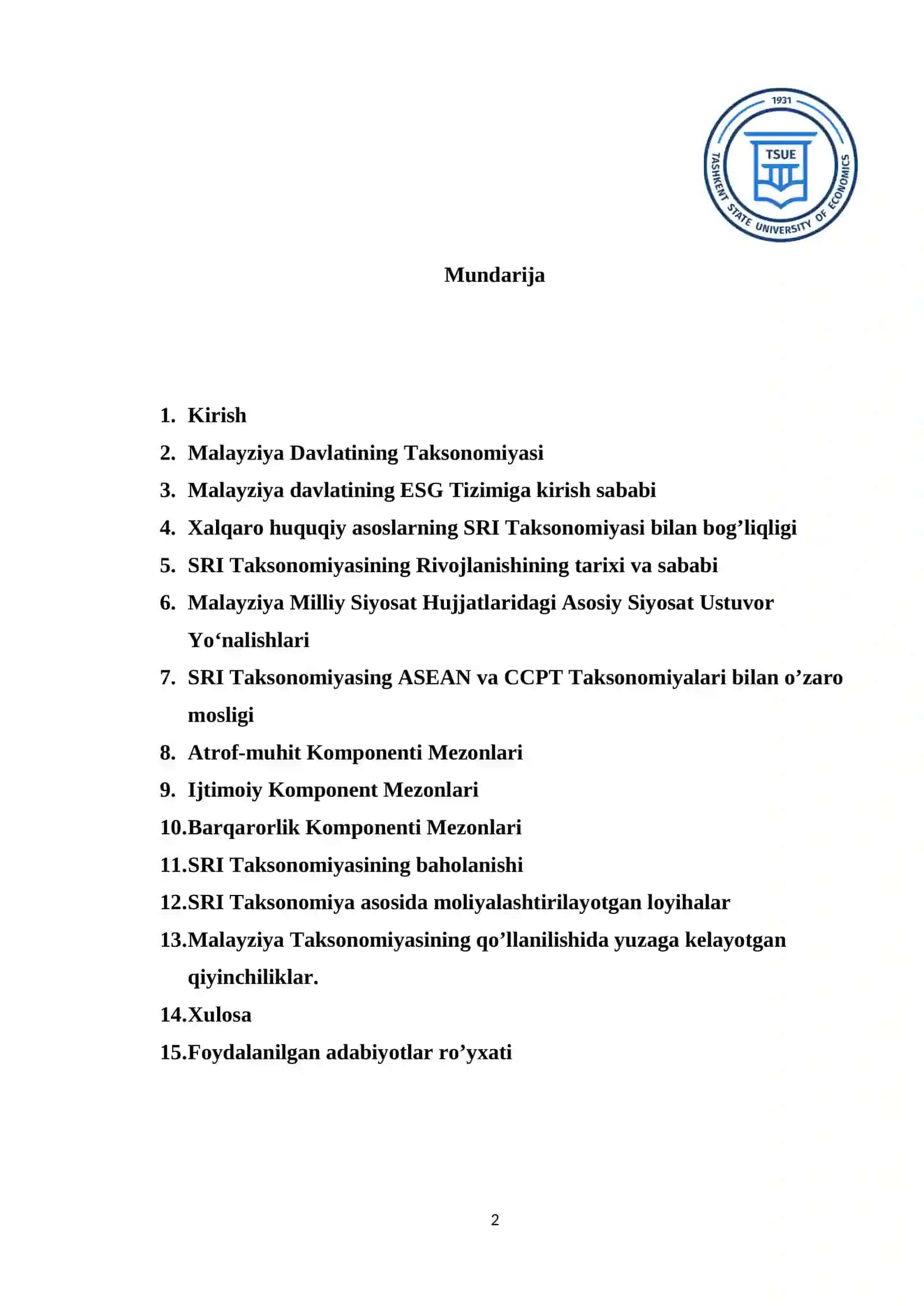 Malayziyaning barqaror moliya fanidan Malayziya taksonomiyasi tahlili 2