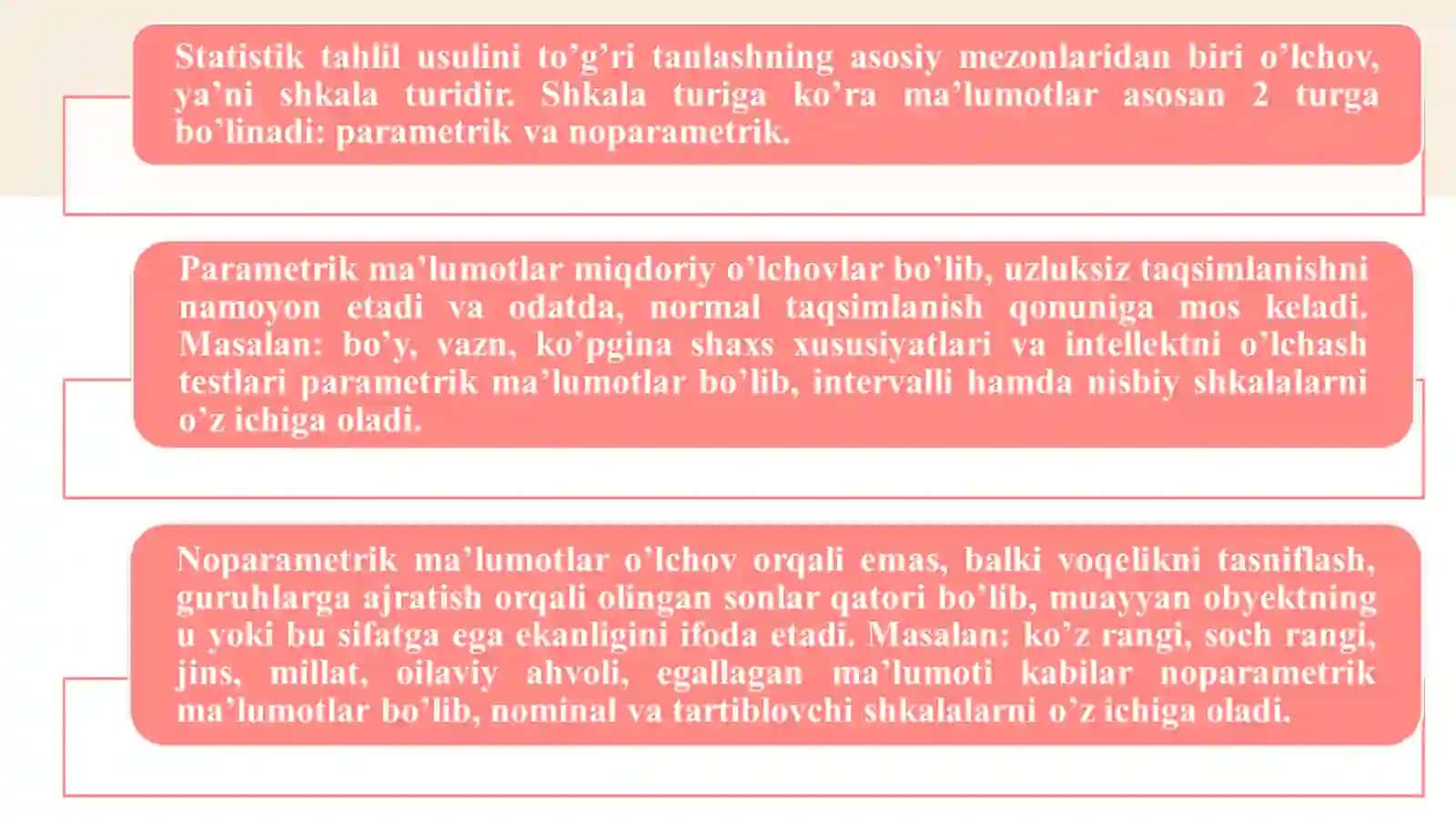Ma’lumotlarni statistik taqqoslash metodlarini tanlashning asosiy mezonlari 2