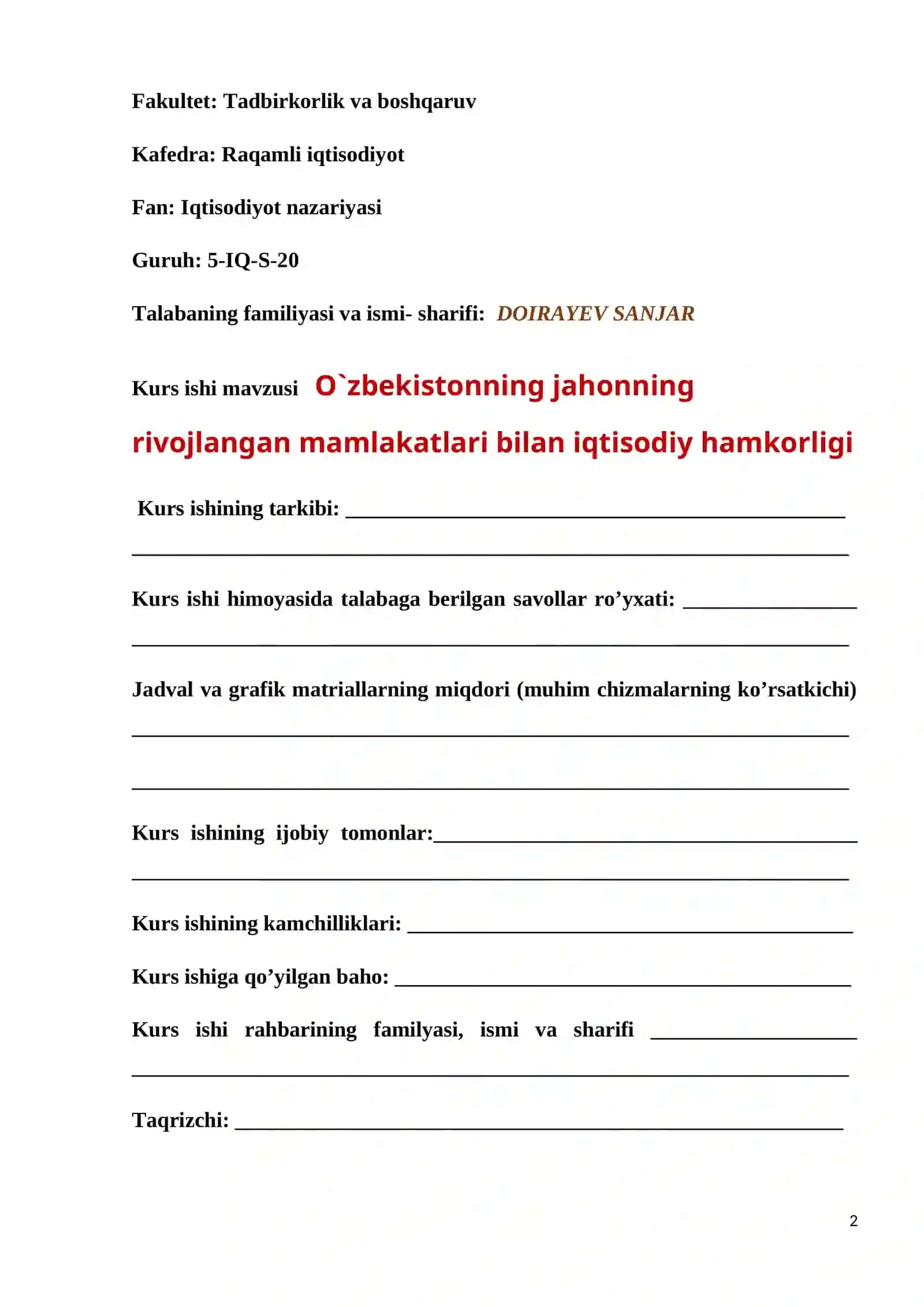 O`zbekistonning jahonning rivojlangan mamlakatlari bilan iqtisodiy hamkorligi 2