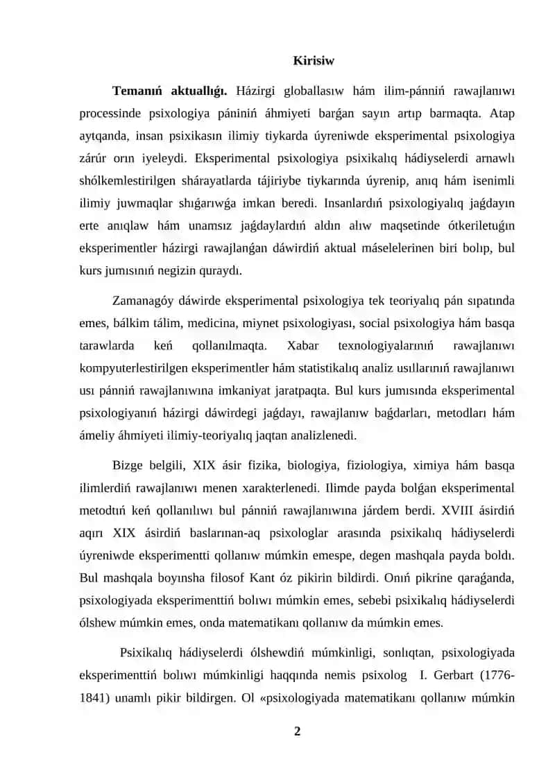 KURS JUMISI EKSPERIMENTAL PSIXOLOGIYANIŃ HÁZIRGI DÁWIRDEGI JAǴDAYI 2