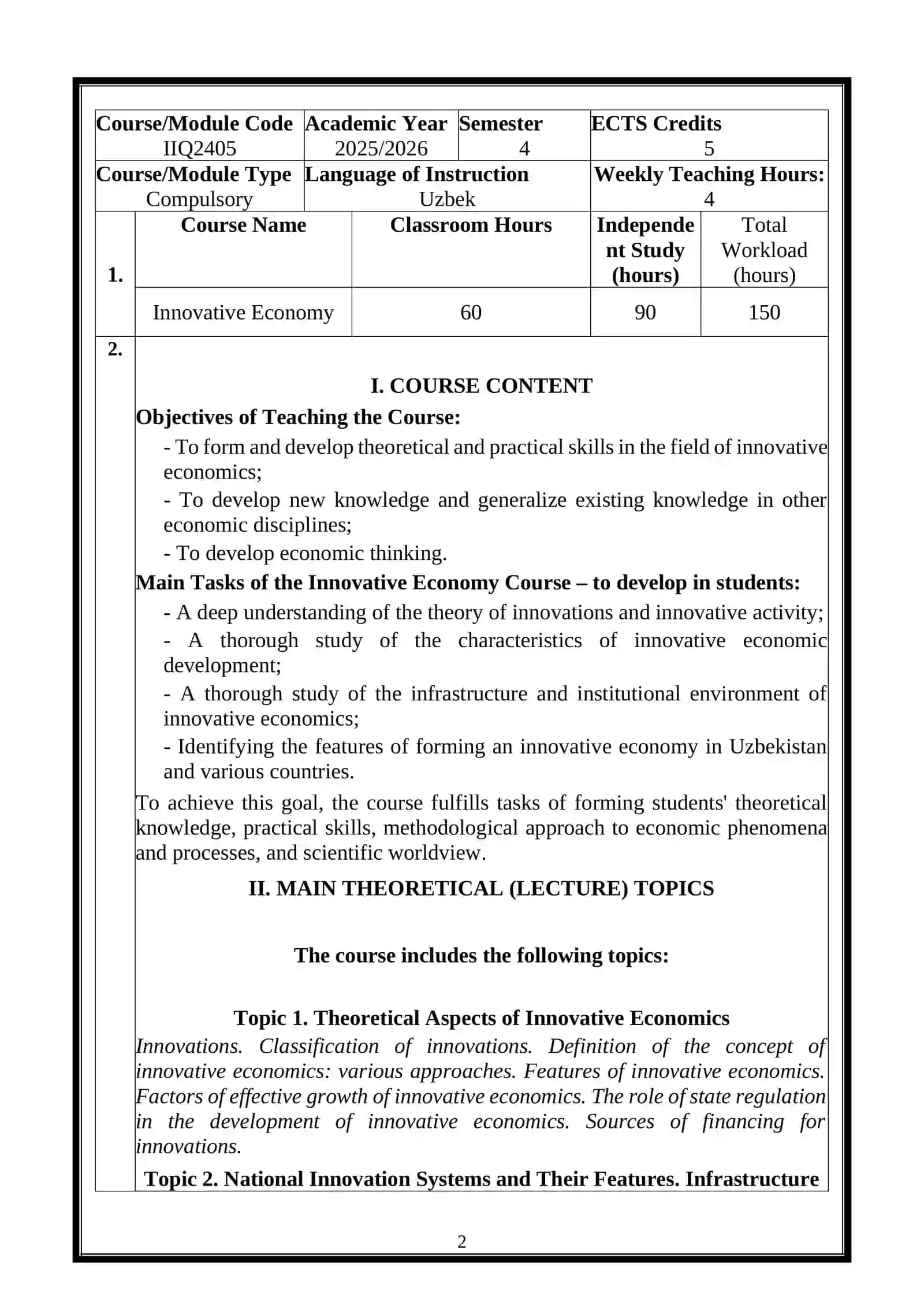 Innovative Economy Course 2