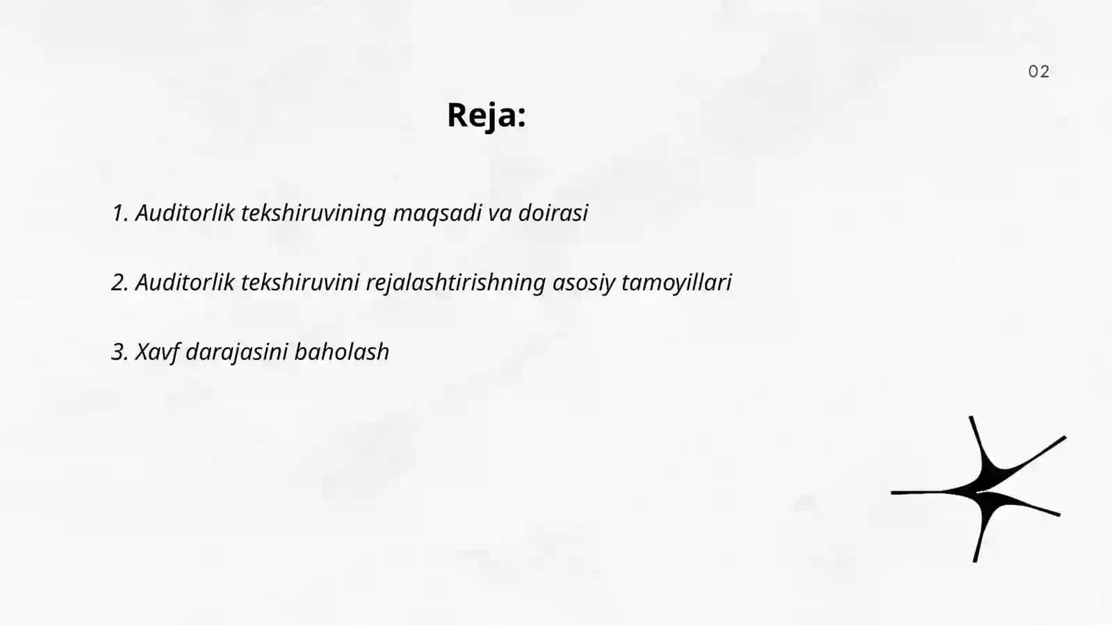 Auditorlik tekshiruvini rejalashtirishning tamoyillati va bosqichlari, auditning umumiy rejasini tayyorlash xususiyatlari 2