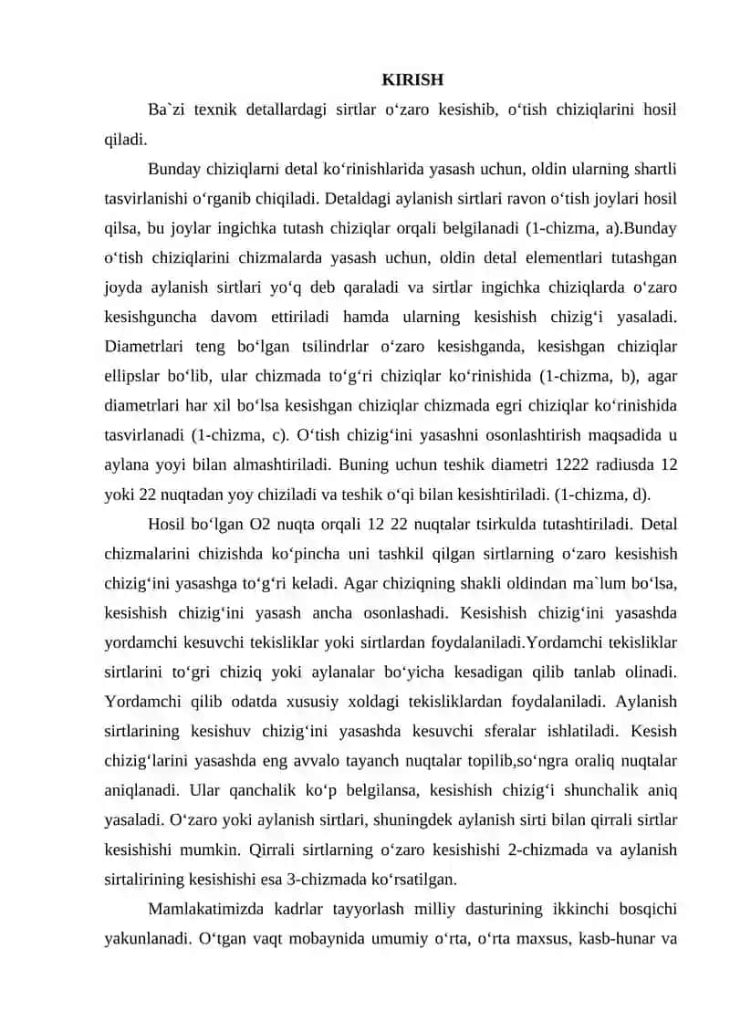 SIRTLARNING OʻZARO KESISHUV CHIZIGʻINING ORTOGANAL VA AKSYONOMETRIK PREYKSYALARINI BAJARISH 2