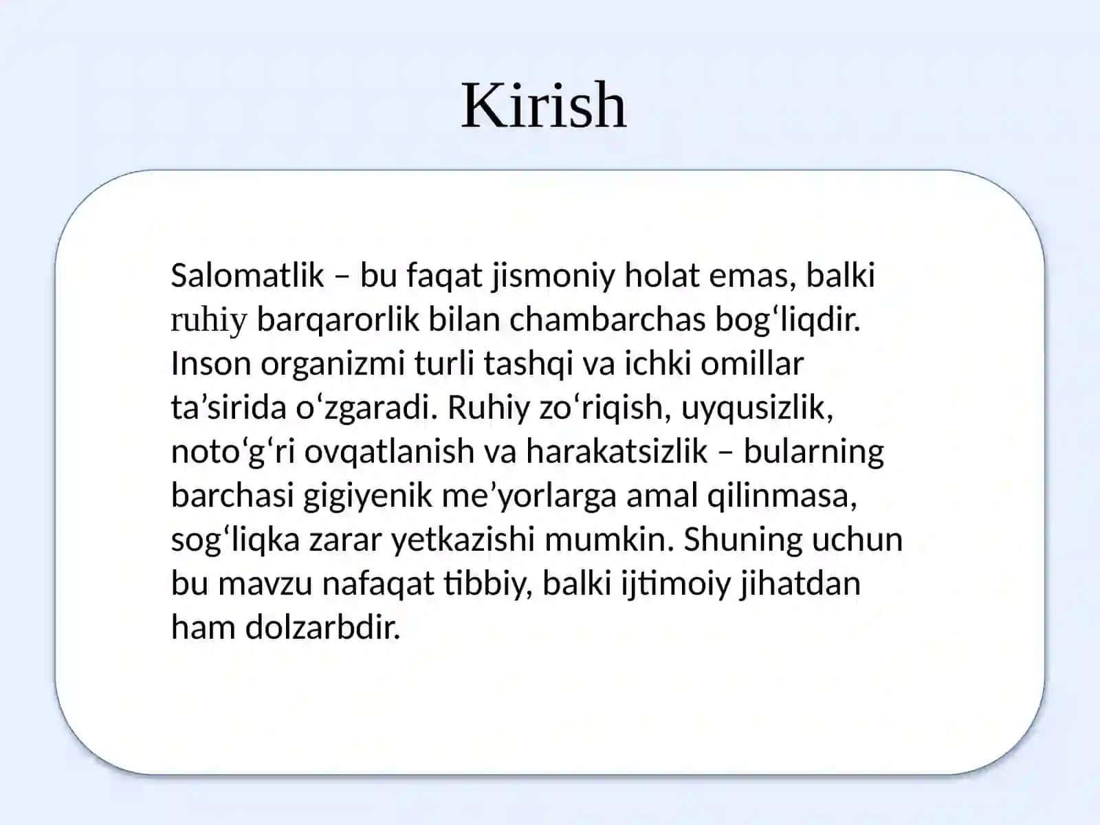 Ruhiy-fiziologik omillarga gigiyenik ta’rif, organizmga ularning zararli ta’sirini oldini olish tadbirlari 2