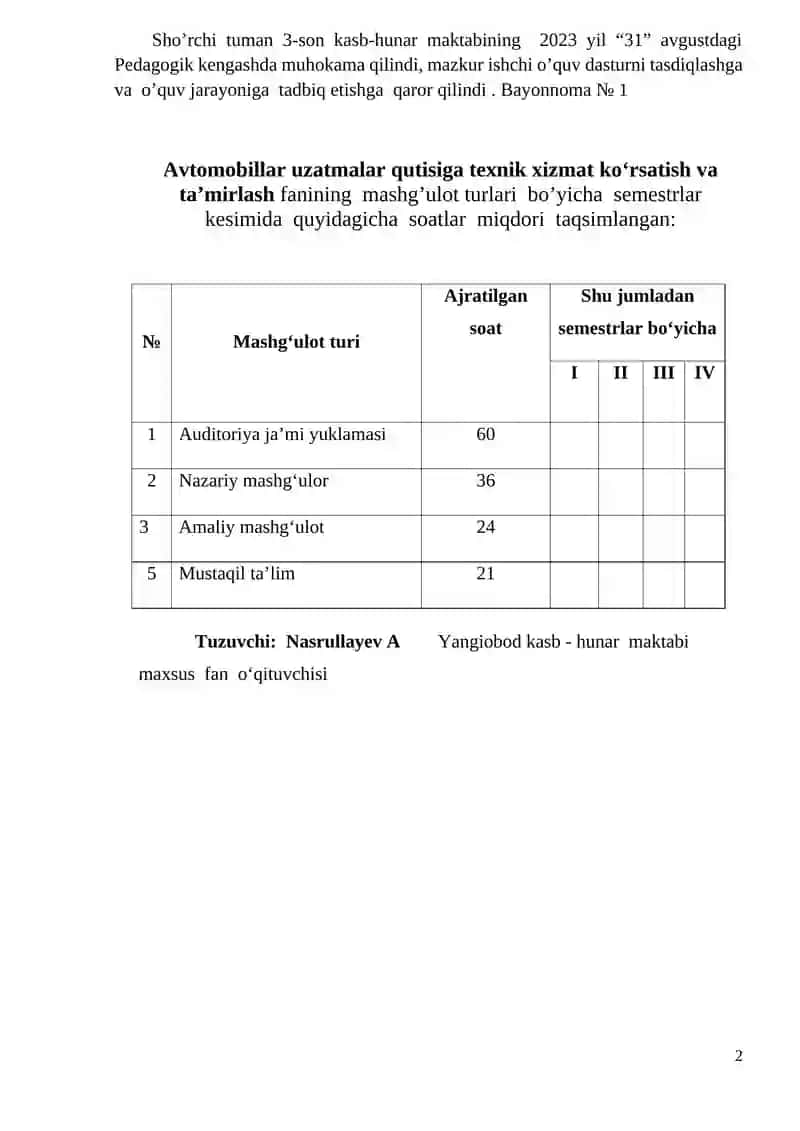 Avtomobillar uzatmalar qutisiga texnik xizmat ko‘rsatish va ta’mirlash 2