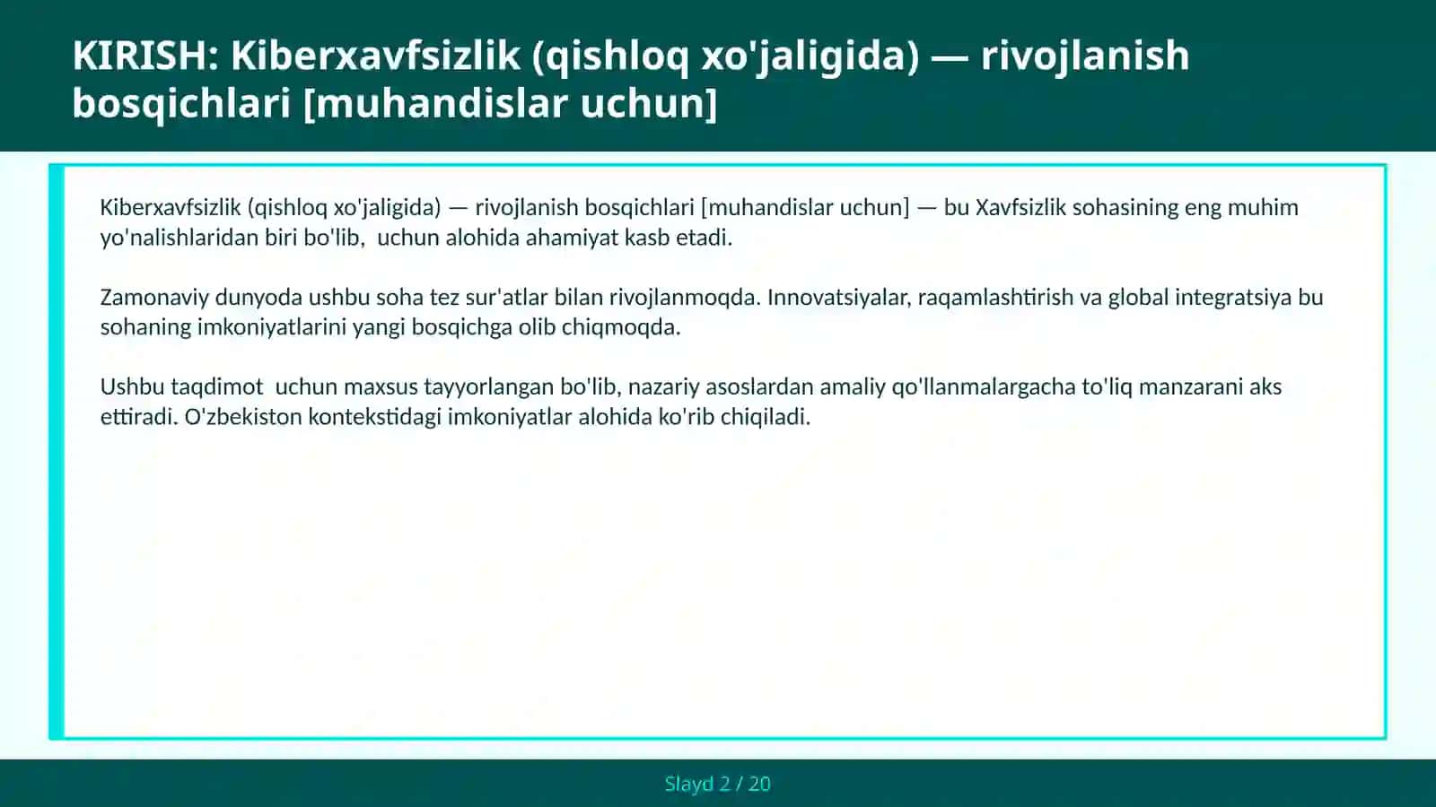 KIBERXAVFSIZLIK (QISHLOQ XO'JALIGIDA) — RIVOJLANISH BOSQICHLARI [MUHANDISLAR UCHUN] 2
