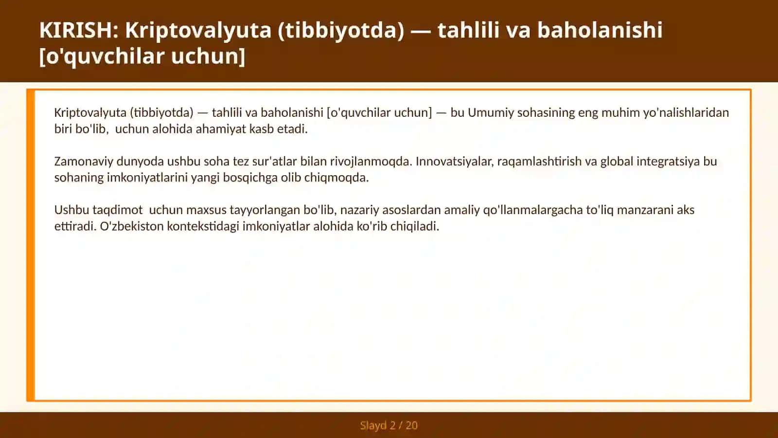 Kriptovalyuta (Tibbiyotda) — Tahlili va Baholanishi [O'quvchilar uchun] 2