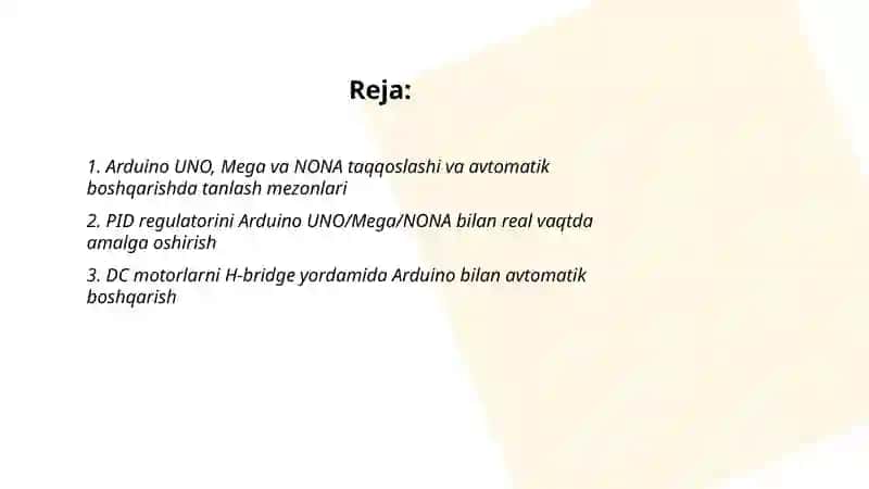 Arduino UNO, Mega va NONA mikroprosessorlari yordamida avtomatik boshqarish 2