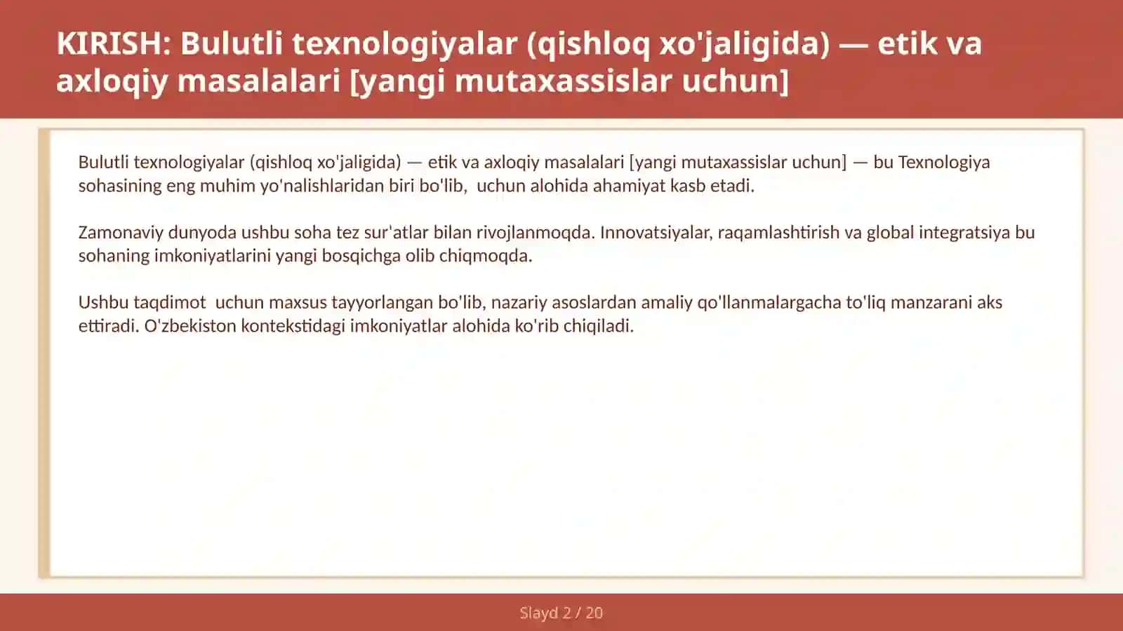 Bulutli texnologiyalar (qishloq xo'jaligida) — etik va axloqiy masalalari [yangi mutaxassislar uchun] 2