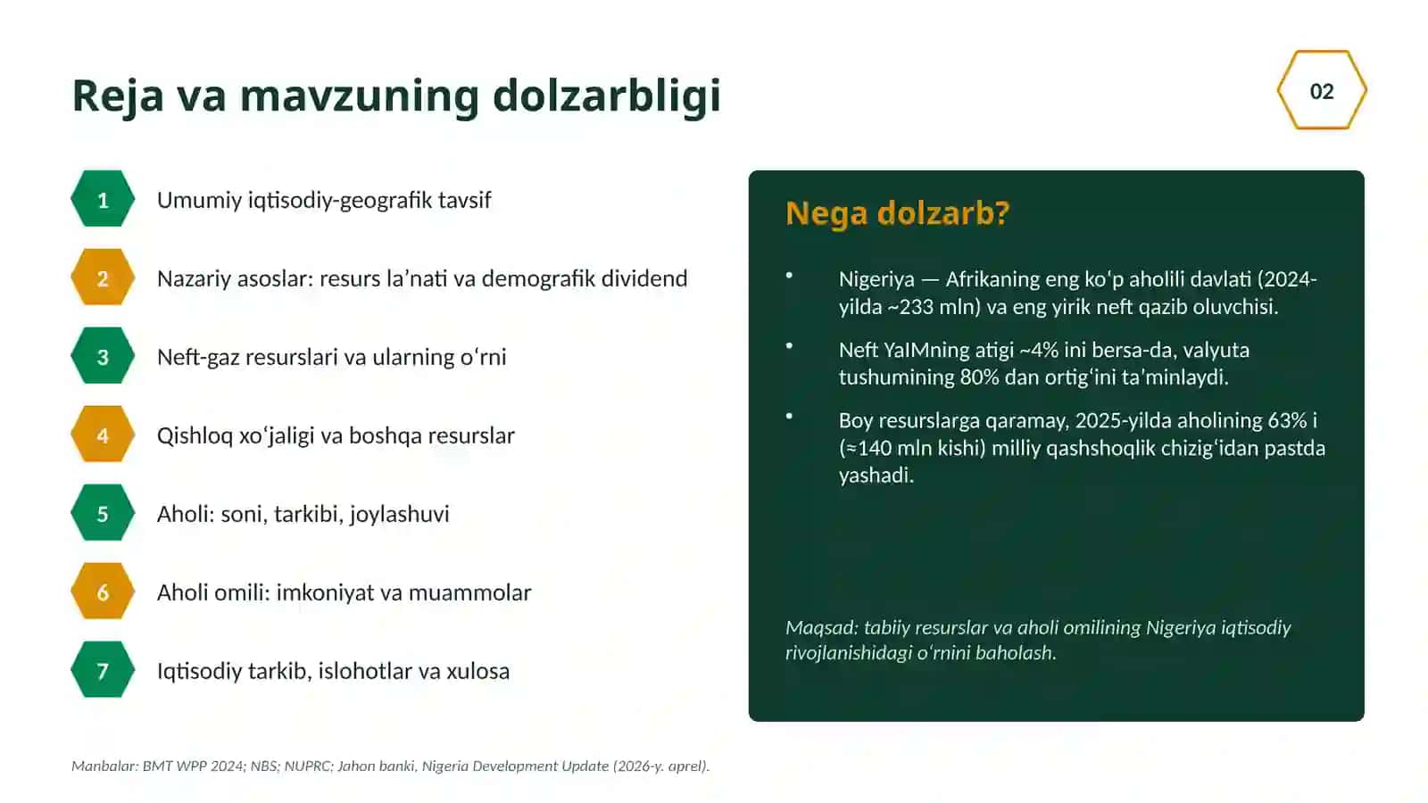 Nigeriyaning tabiiy resurslari va aholi omilining iqtisodiy rivojlanishdagi o‘rni ppt 2