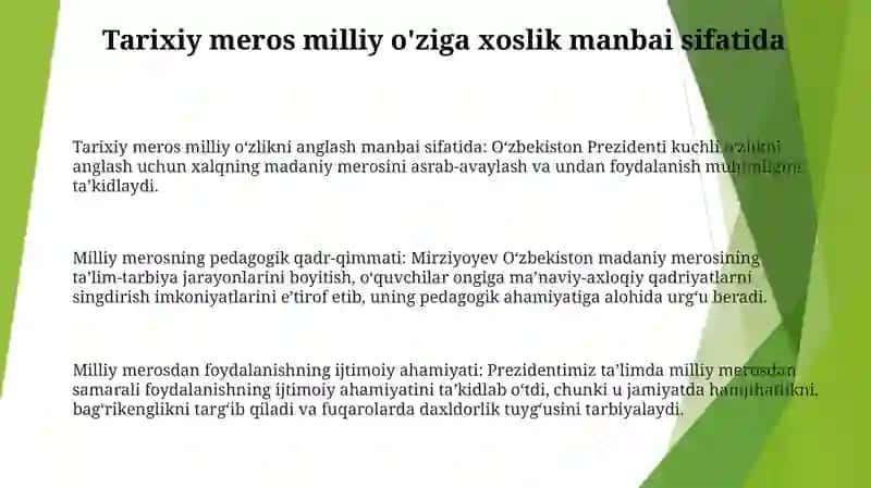 O‘zbekiston Prizidenti Shavkat Mirziyoyev Ta‘Lim Tarbiya Jarayonida Milliy Meros 2