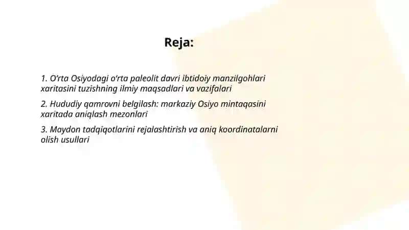 Oʻrta Osiyodagi oʻrta paleolit davri ibtidoiy manzilgohlari xaritasini tuzish 2