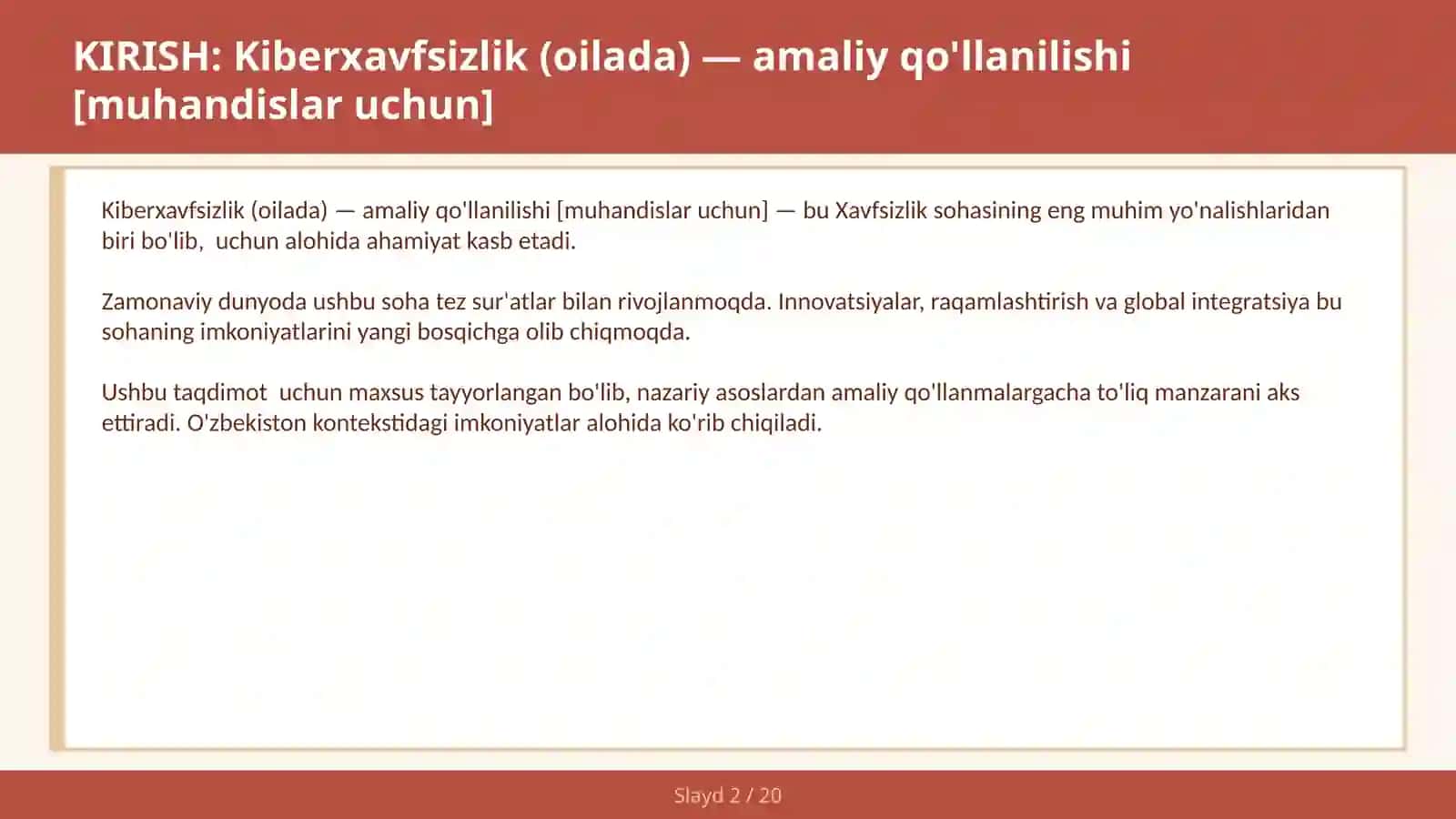 KIBERXAVFSIZLIK (OILADA) — AMALIY QO'LLANILISHI [MUHANDISLAR UCHUN] 2