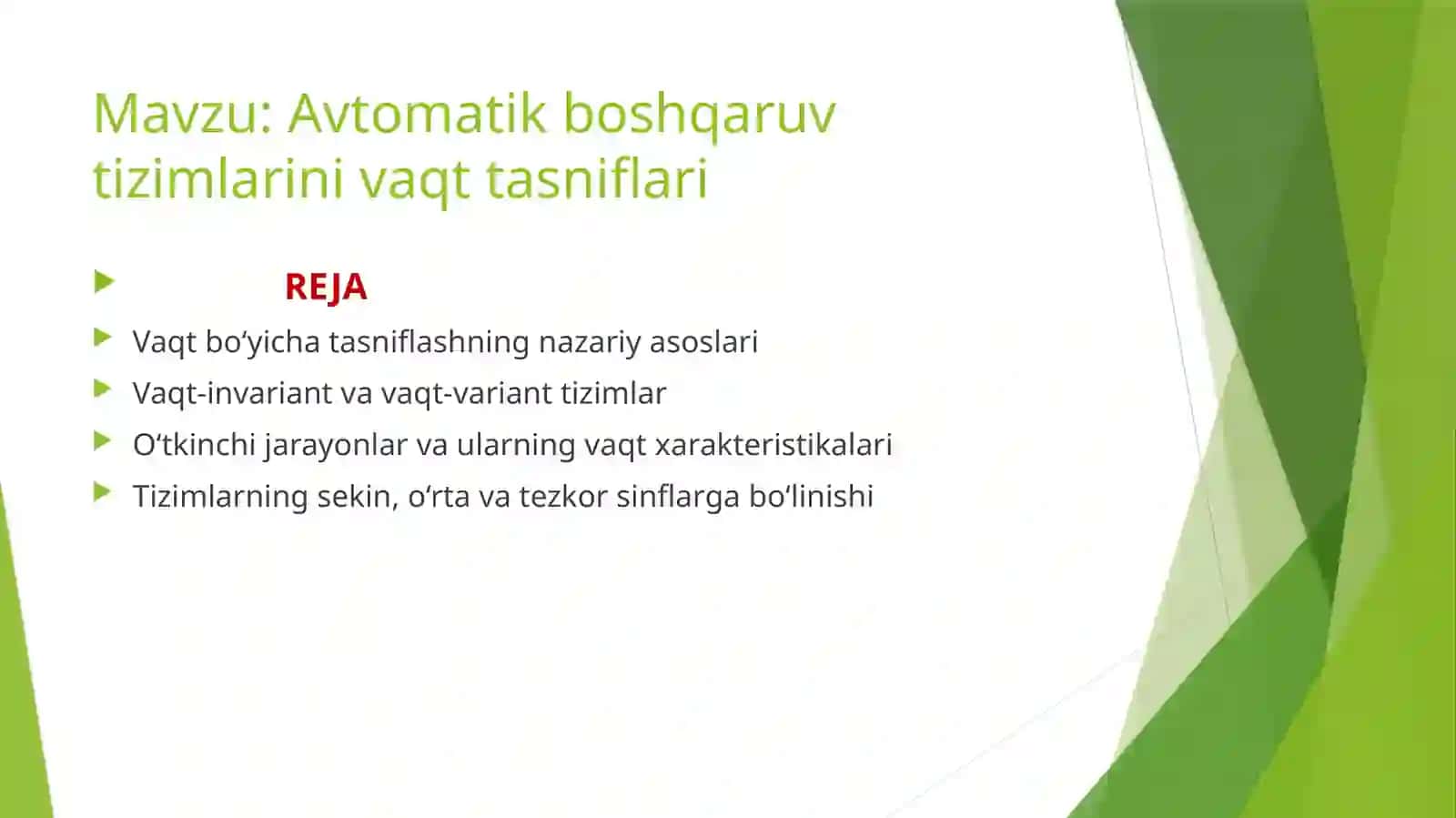 Avtomatik boshqaruvtizimlari va vaqtasniflari 2