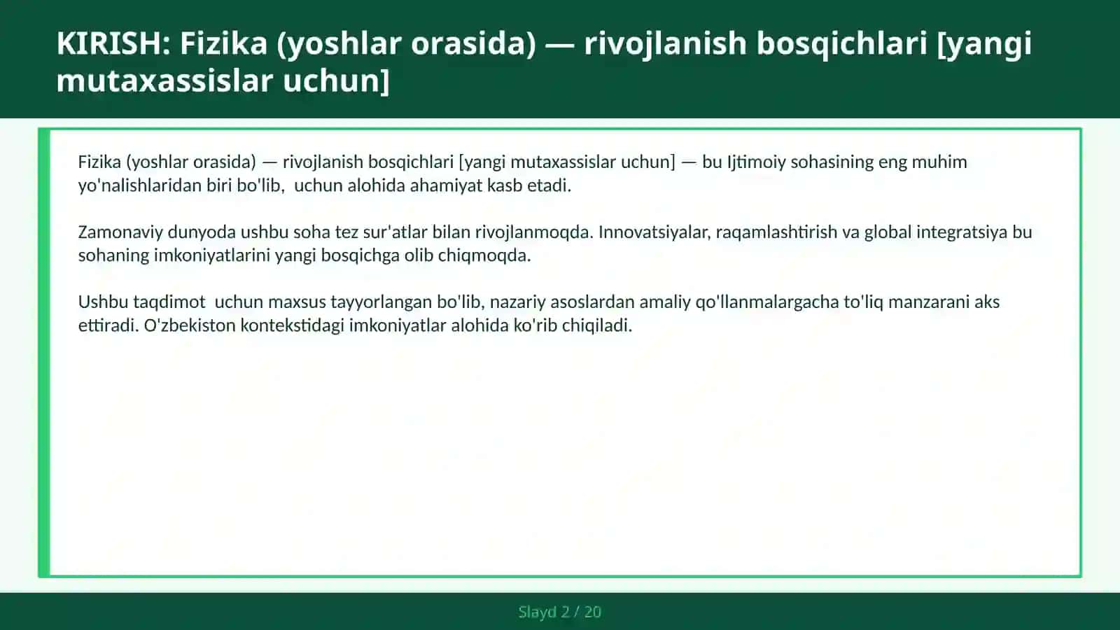 FIZIKA (YOSHLAR ORASIDA) — RIVOJLANISH BOSQICHLARI [YANGI MUTAXASSISLAR UCHUN] 2