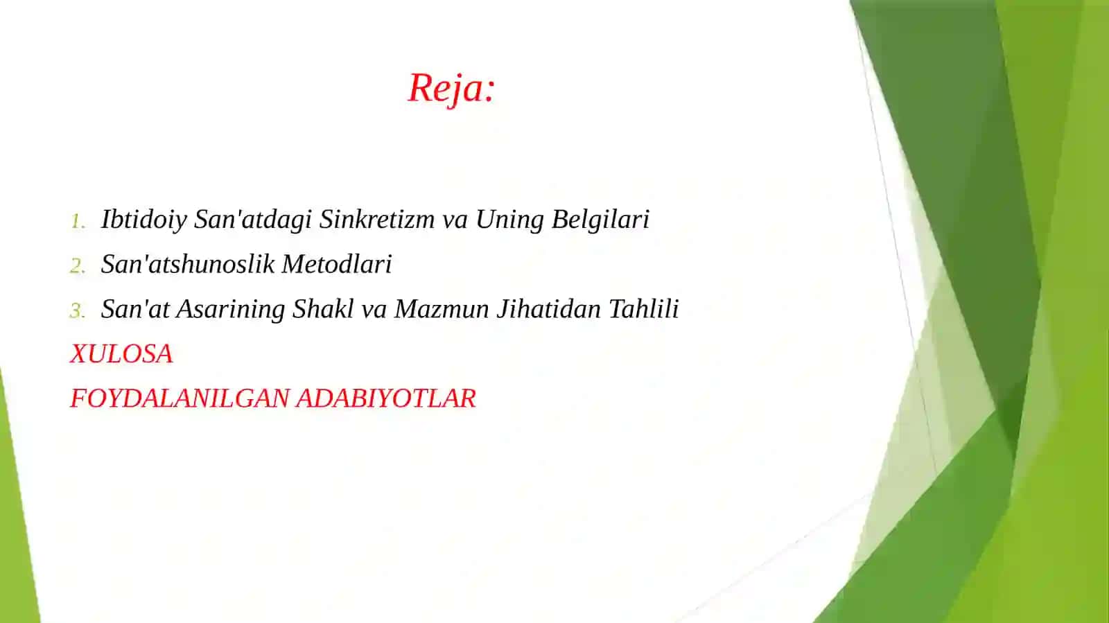 SAN'AT VA DINIY MAROSIMLAR O'RTASIDAGI BOG'LIQLIK. IBTIDOIY SAN'ATDAGI SINKRETIZM VA UNING BELGILARI.SAN'ATSHUNOSLIK METODLARI TARIXIY, QIYOSIY VA TAHLILIY YONDASHUV.SAN'AT ASARINING SHAKL VA MAZMUN JIHATIDAN TAHLILI. 2