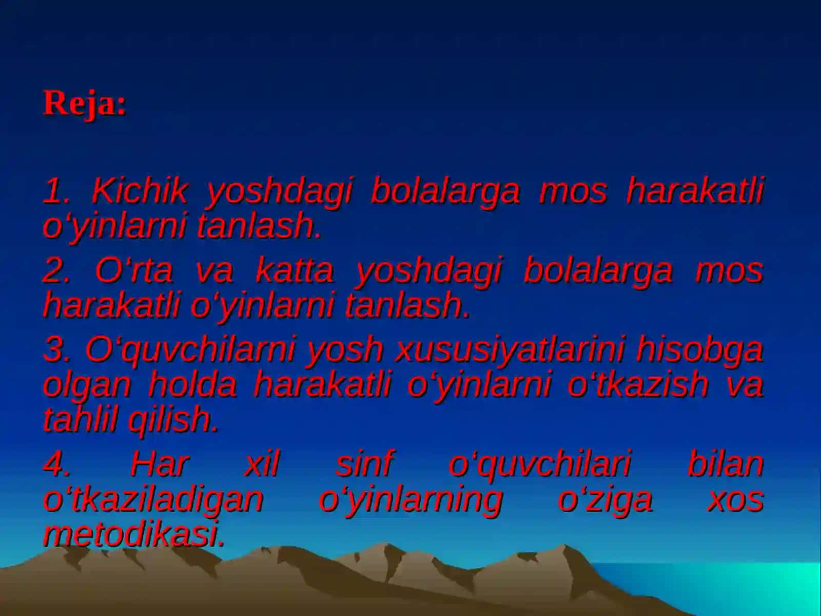 Harakatli o'yinlarni darsni asosiy qismida mos xolda tanlash va taxlil qilish 2