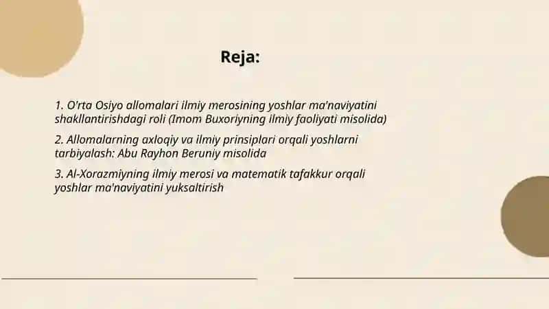 Yuksak ma'naviyatli yoshlarni tarbiyalashda O'rta Osiyo allomalari ilmiy merosning o'rni(allomalarning ilmiy faoliyati misolida) 2