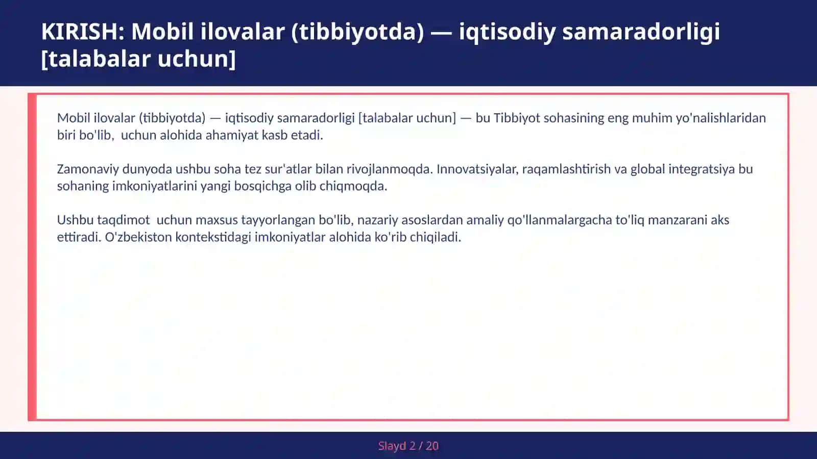 Mobil ilovalar (Tibbiyotda) — iqtisodiy samaradorligi [talabalar uchun] 2