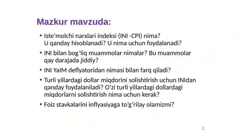 Iste’molchi Narhlari Indeksi(INI)Consumer Price Index (CPI) 2
