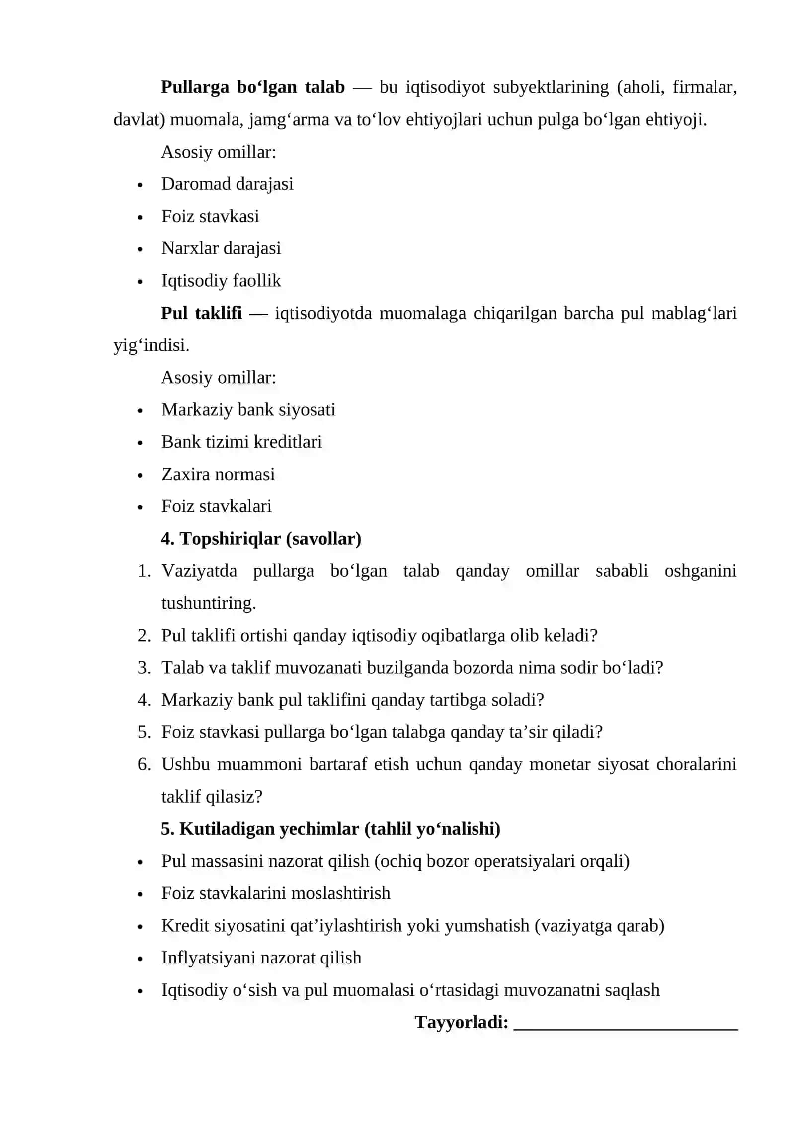 PULLARGA BO’LGAN TALAB VA PULLAR TAKLIFI. Keys 2