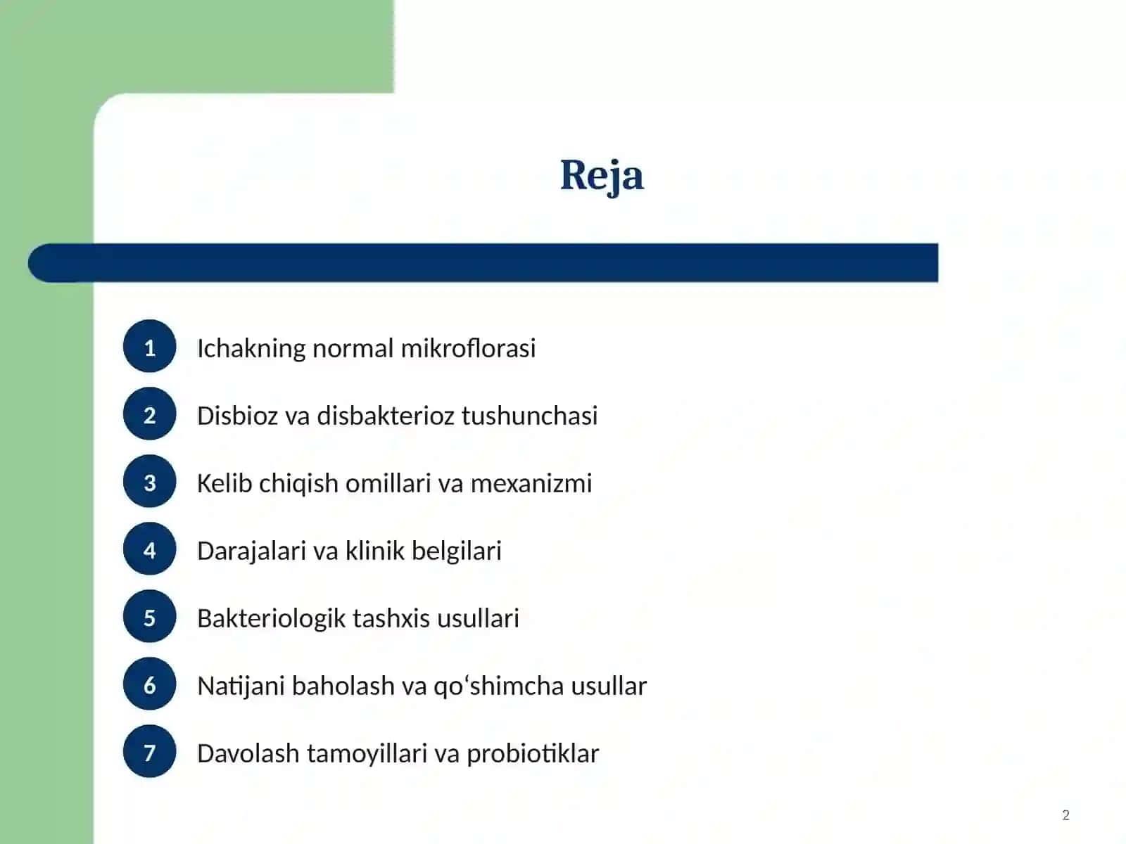 Disbakterioz, disbioz, kelib chiqishida qatnashuvchi omillar.  Disbakterioz, disbiozlarga bakteriologik tashxis qo'yish usullari. Disbakteriozda qo‘llaniluvchi probiotiklar.  Bakterial irsiyatning xromosomadan tashqari omillar 2