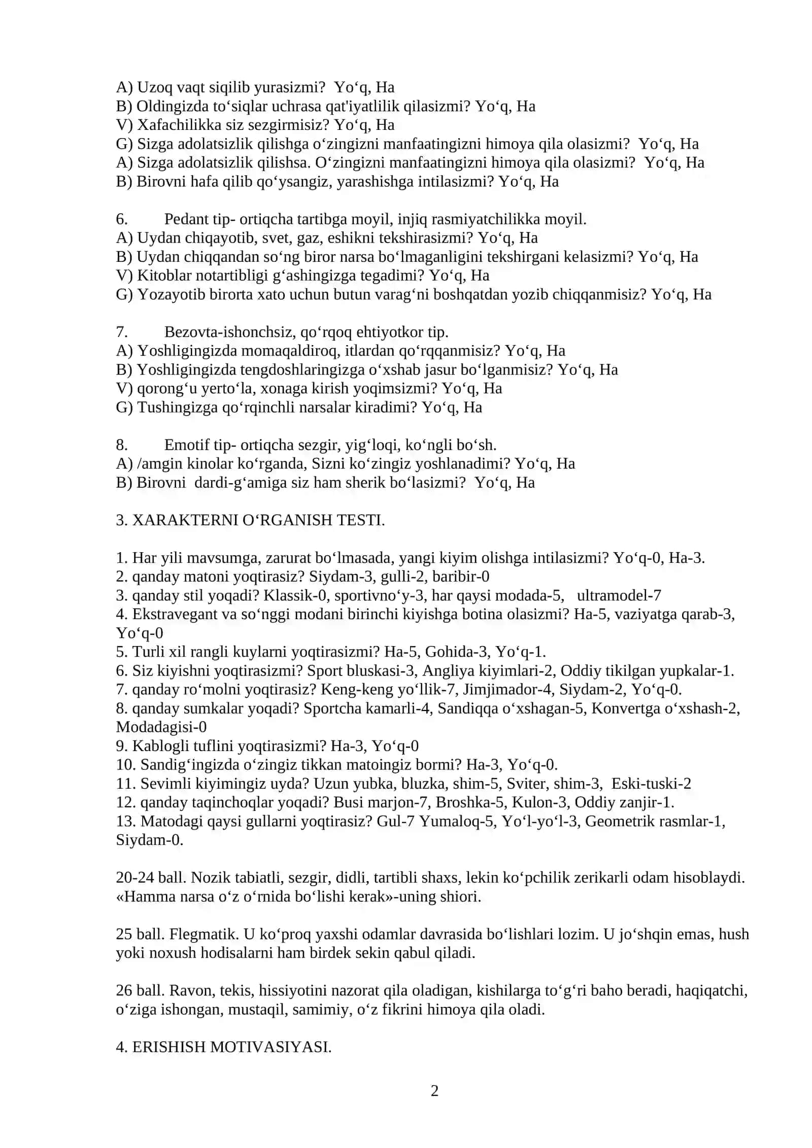 Hodimlar uchun  test va metodikalar. Psixologiya 2