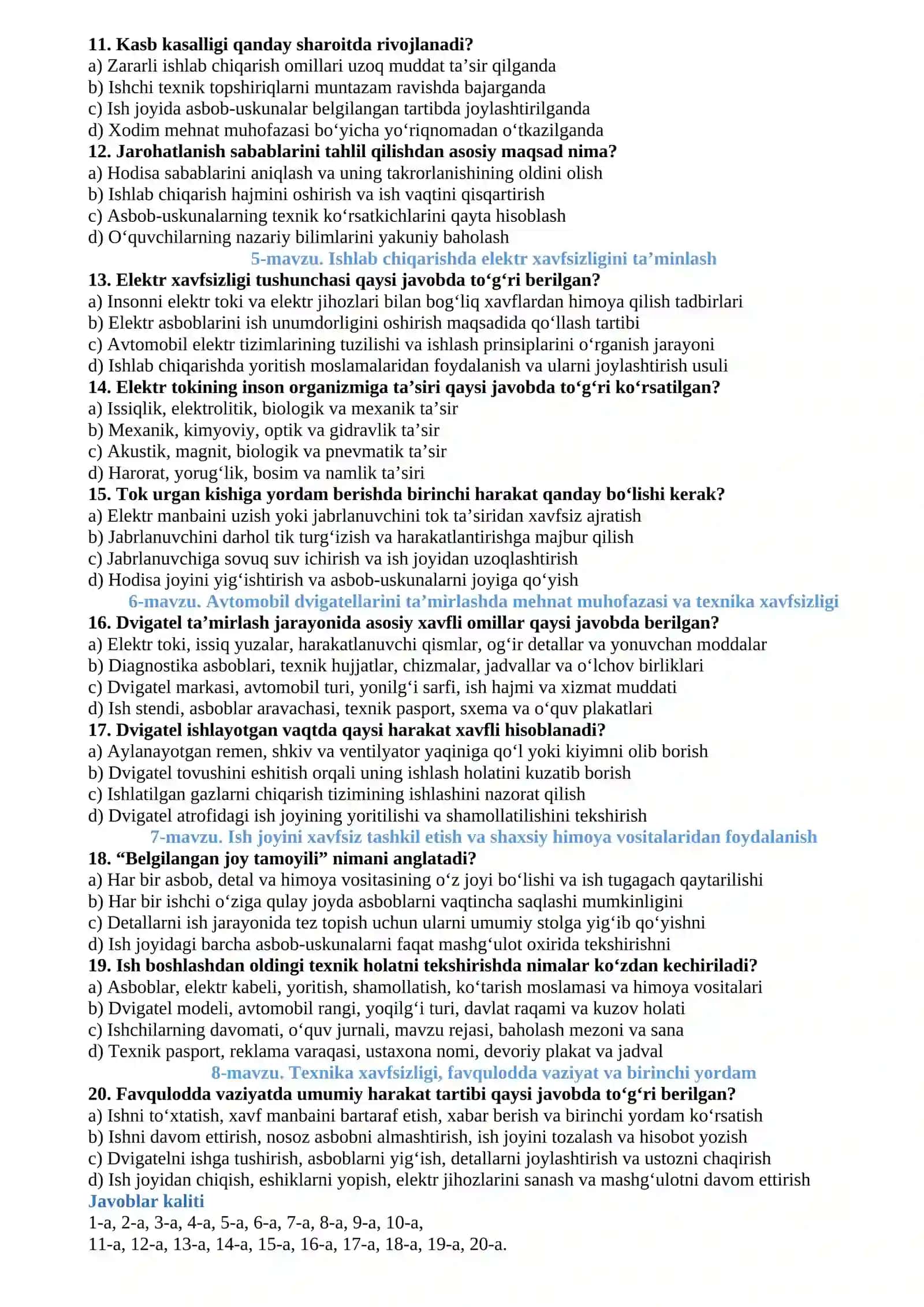 Mehnat muhofazasi va texnika xavfsizligi fanidan nazorat testi 2