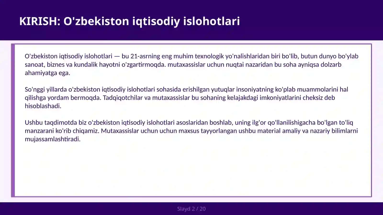 O'zbekiston iqtisodiy islohotlari 2