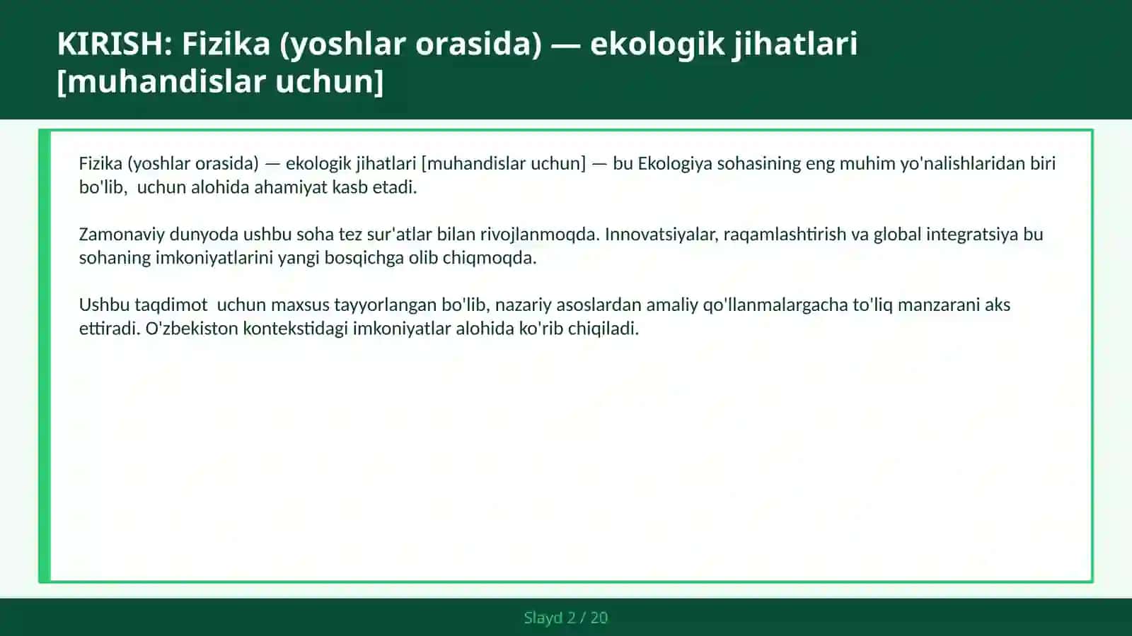 FIZIKA (YOSHLAR ORASIDA) — EKOLOGIK JIHATLARI [MUHANDISLAR UCHUN] 2