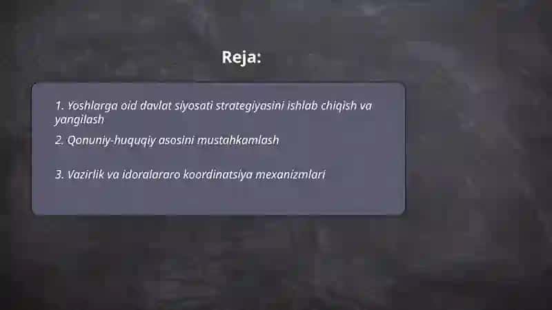 Yoshlarga oid davlat siyosati strategiyasini ishlab chiqish va yangilash 2