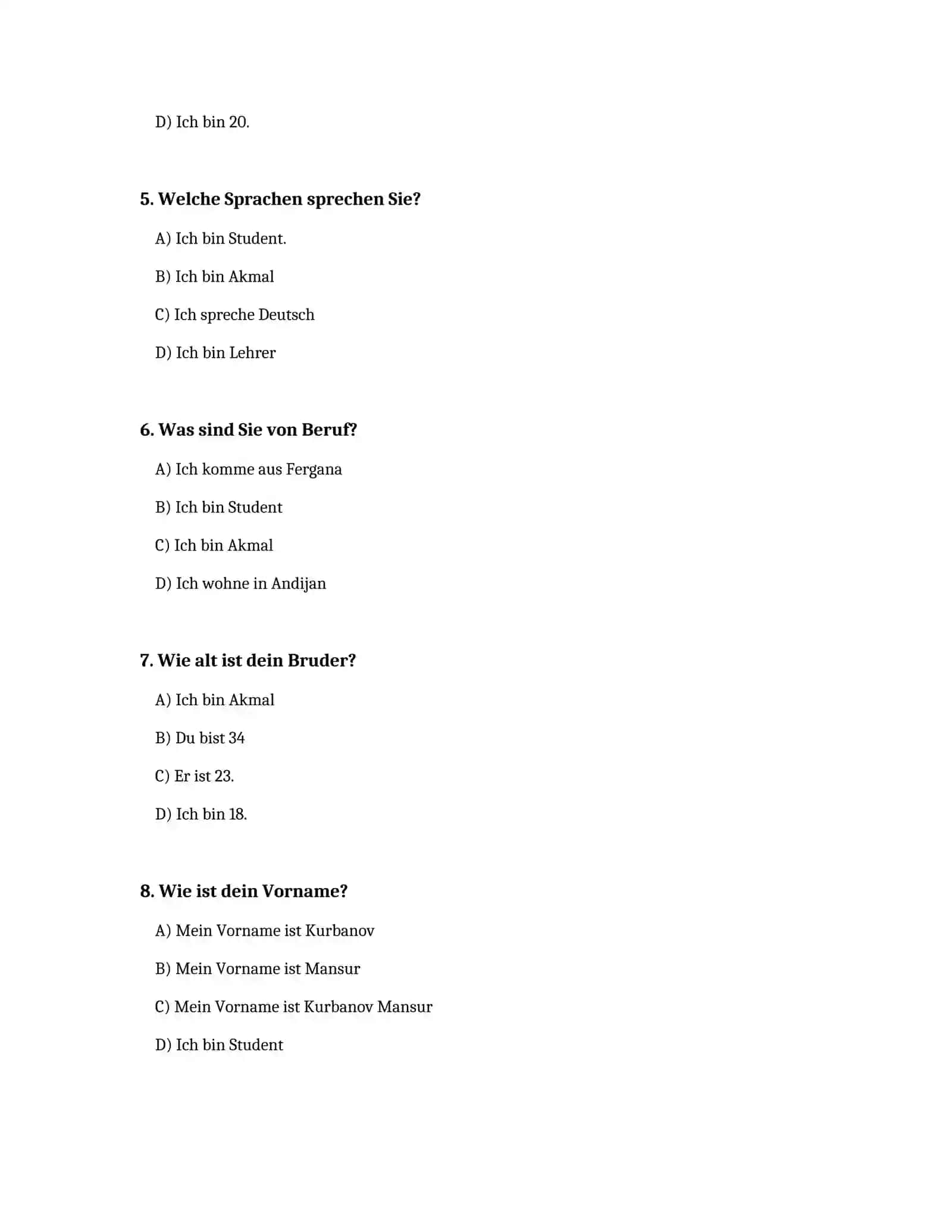 Nemis tili imtixon testlari 2