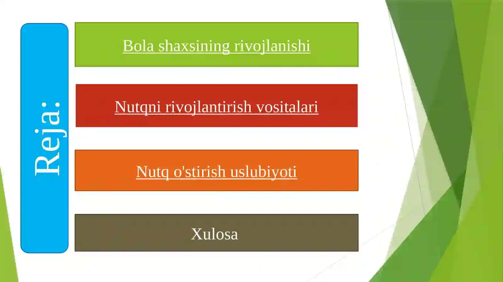 Bolaning nutqi tarbiya, o’qish nilim olish jaroyinida rivojlanishi 2