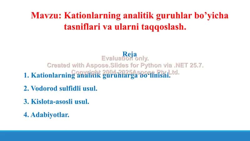 1. Kationlarning analitik guruhlar bo’yicha tasniflari va ularni taqqoslash. Taqdimot 10 bet 2