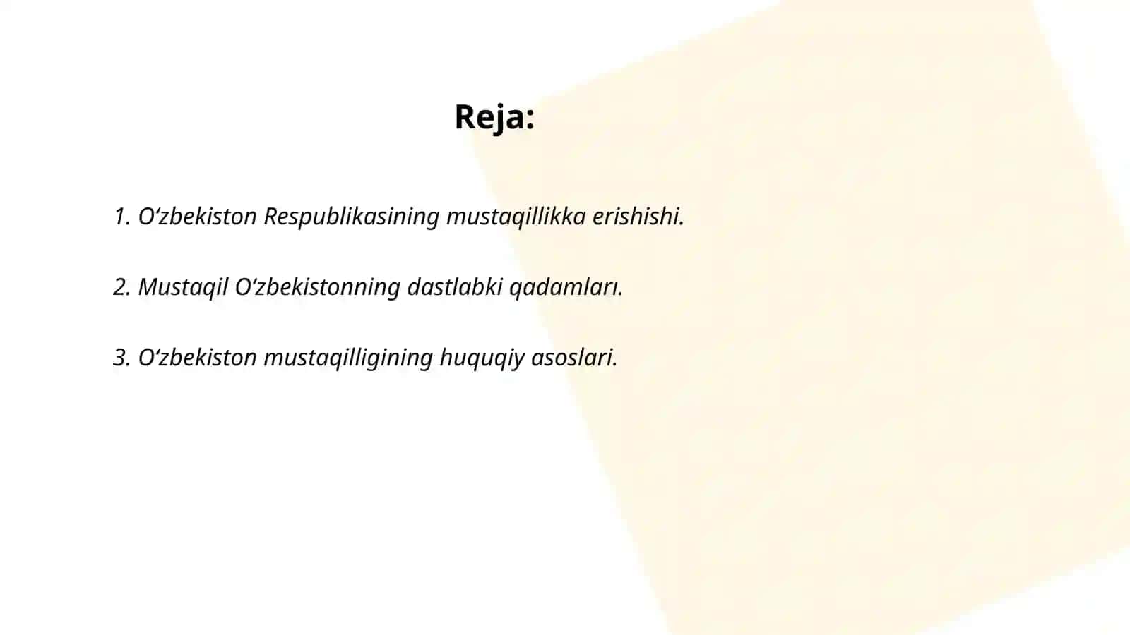 Mustaqil Oʻzbekiston Respublikasi tashkil topishining va uning tarixiy ahamiyati. Oʻzbekistonning oʻziga xos istiqlol va taraqqiyot yoʻli 2