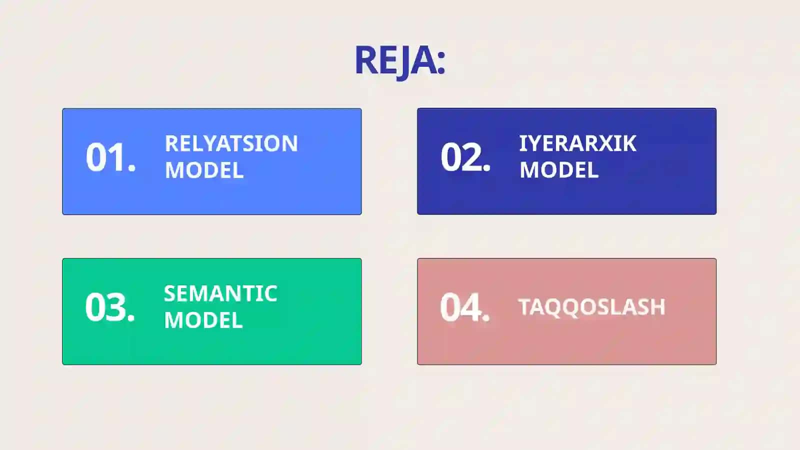 OBEKTNING RELYATSION, IYERARXIK VA SEMANTIK MODELLAR ASOSIDA ISHLAB CHIQISH VA BIR-BIRI BILAN TAQQOSLASH 2