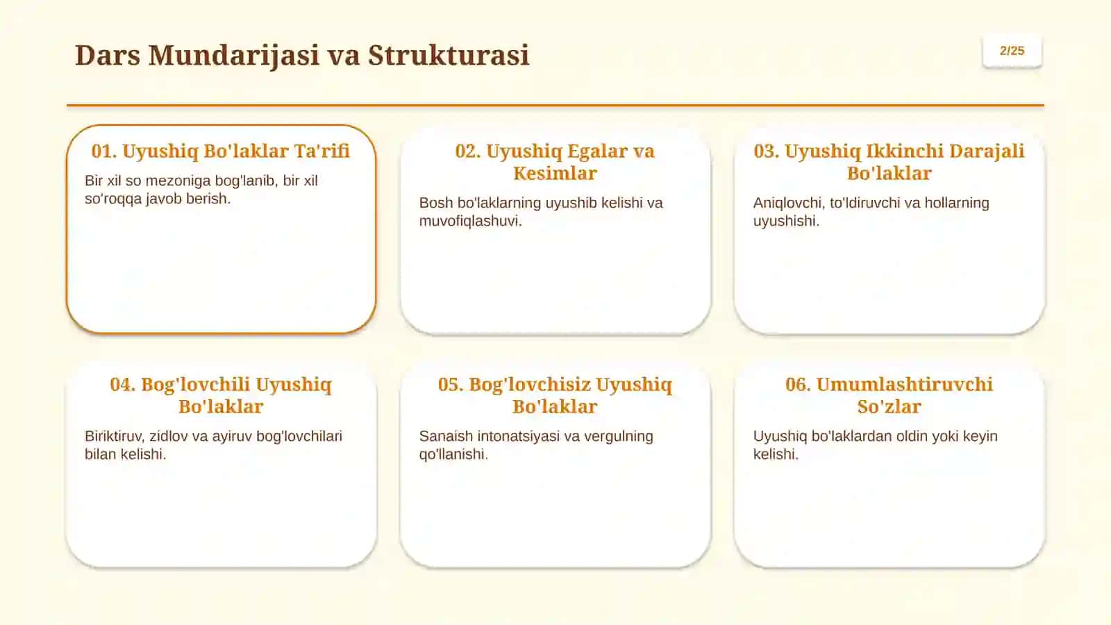 Uyushiq Bo'laklar va Umumlashtiruvchi So'zlar Sintaksisi 2