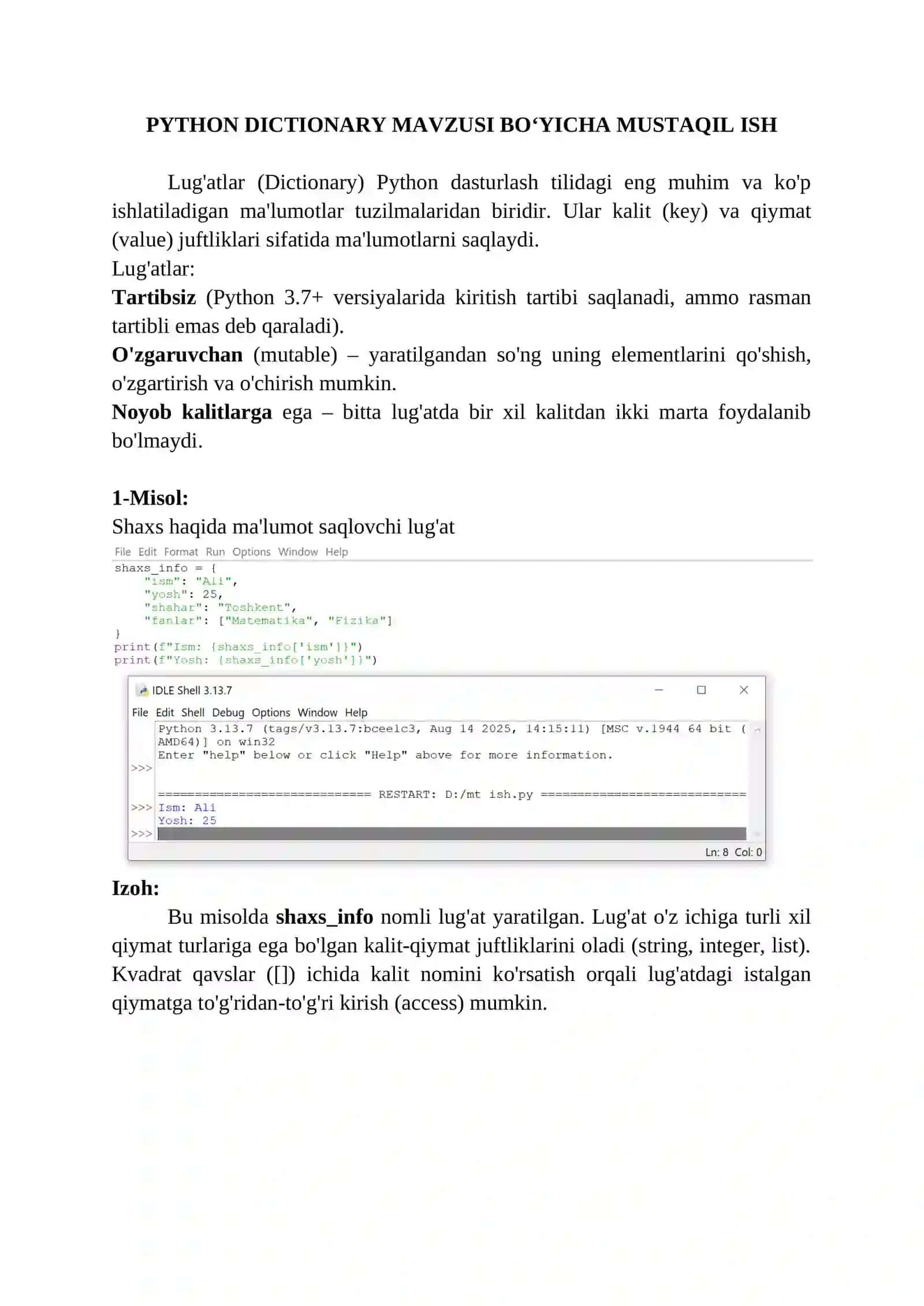Pythonda Dictionary (Lugʻatlar) bilan ishlash 2