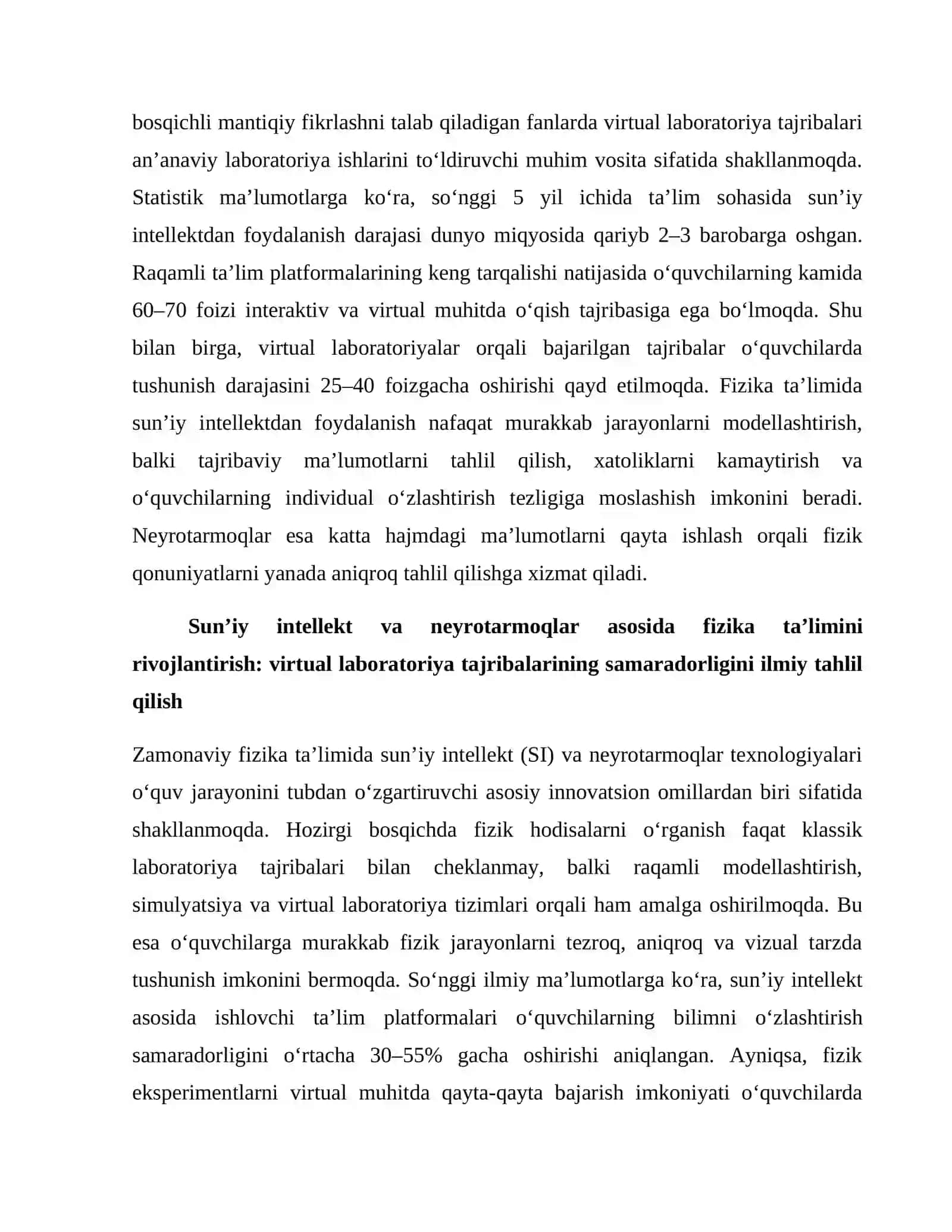 FIZIKA DARSLARIDA SUNʼIY INTELLEKT VA NEYROTARMOQLARDAN FOYDALANISH: VIRTUAL LABORATORIYA TAJRIBALARINI TAHLIL QILISH 2
