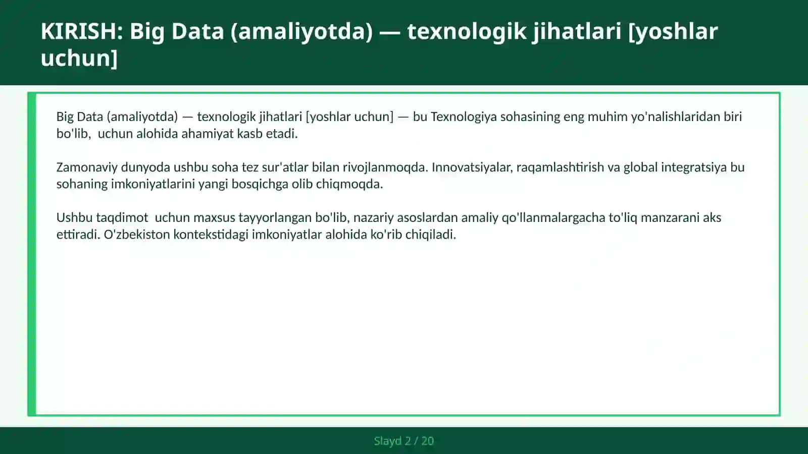 Big Data (amaliyotda) — texnologik jihatlari [yoshlar uchun] 2