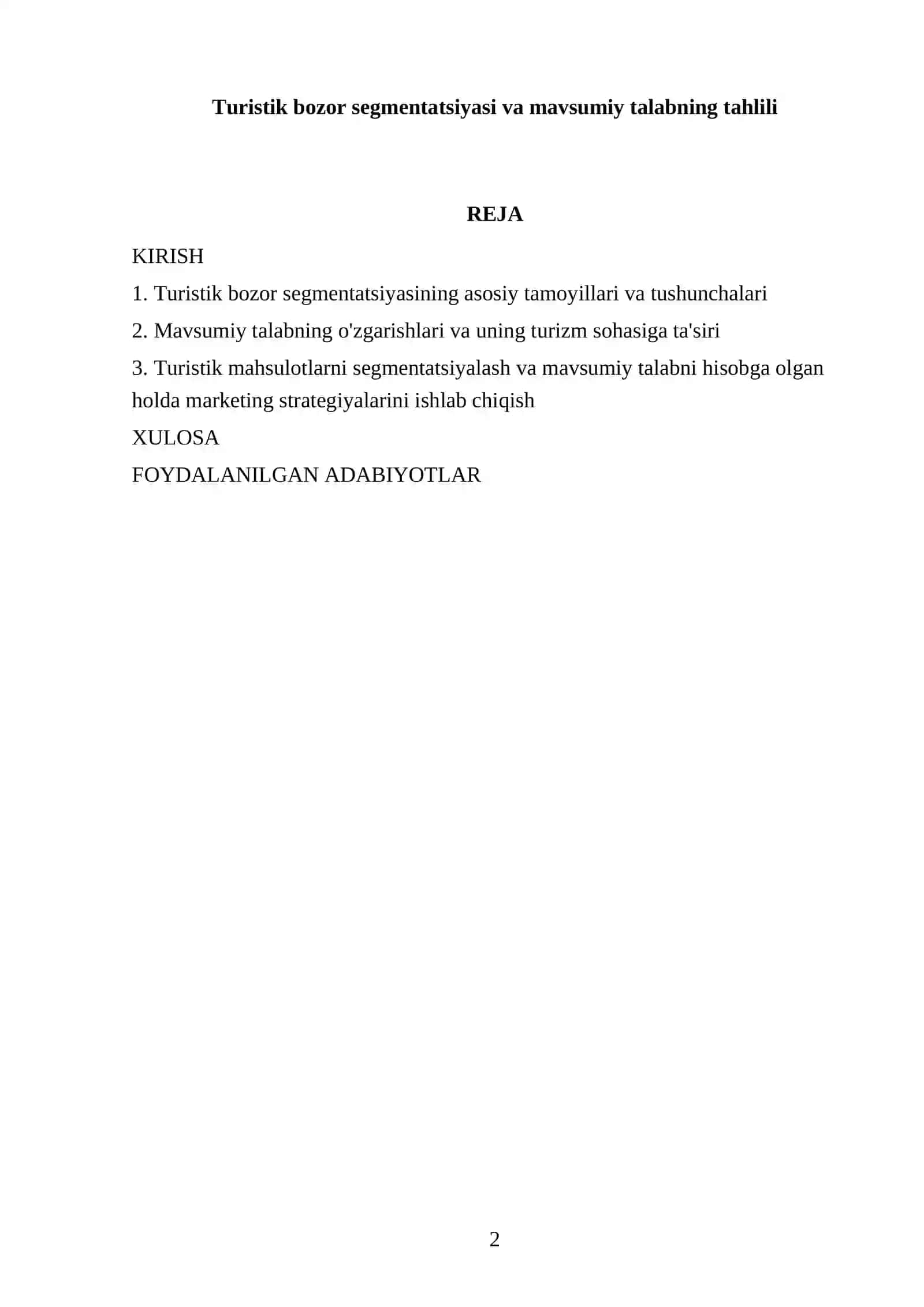 Turistik bozor segmentatsiyasi va mavsumiy talabning tahlili 2