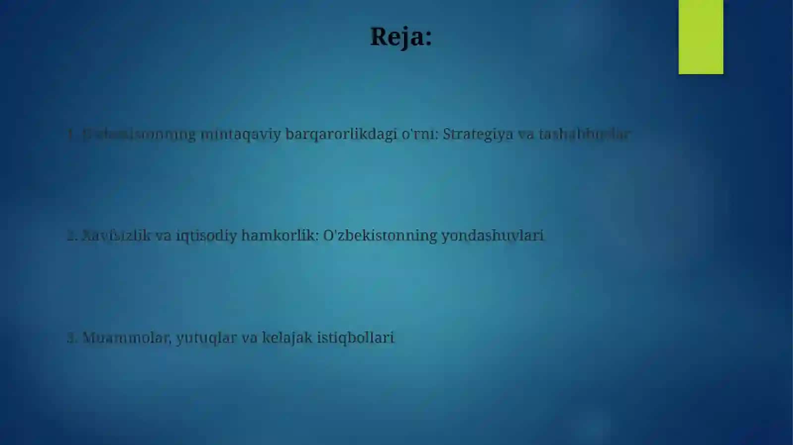 O'zbekistonning Markaziy Osiyodagi tinchlik va barqarorlikni ta'minlashdagi o'rni 2