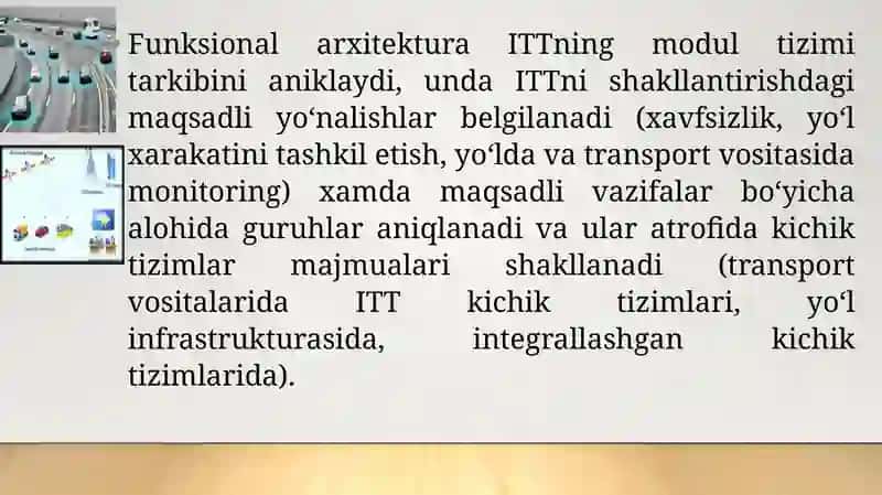 INTELLEKTUAL TRANSPORT TIZIMILARI (ITT) TUZILMASI, TA’RIFI, TERMINLARI VA ARXITEKTURASI 2